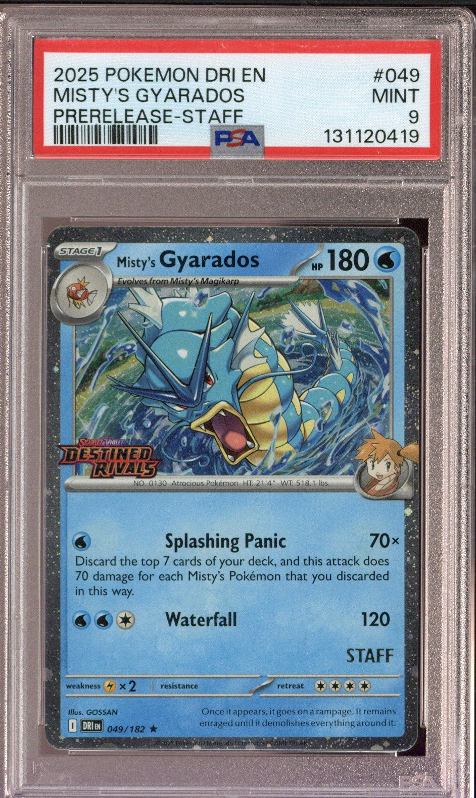 2025 Pokemon Destined Rivals Misty's Gyarados Prerelease Staff 049/182 PSA 9