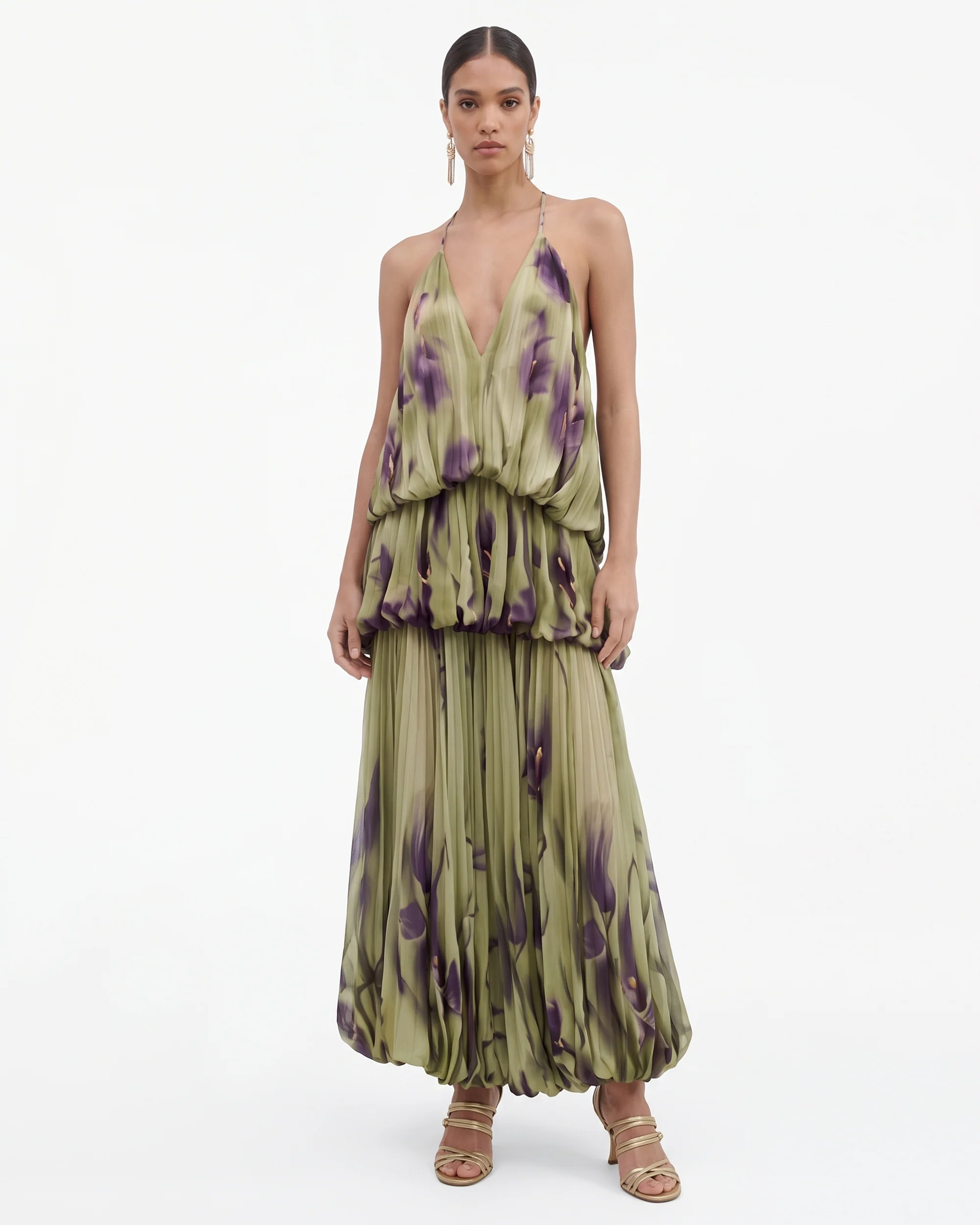 Floral Print Plunge-Neck Tiered Bubble-Hem Maxi Dress - Olive Green