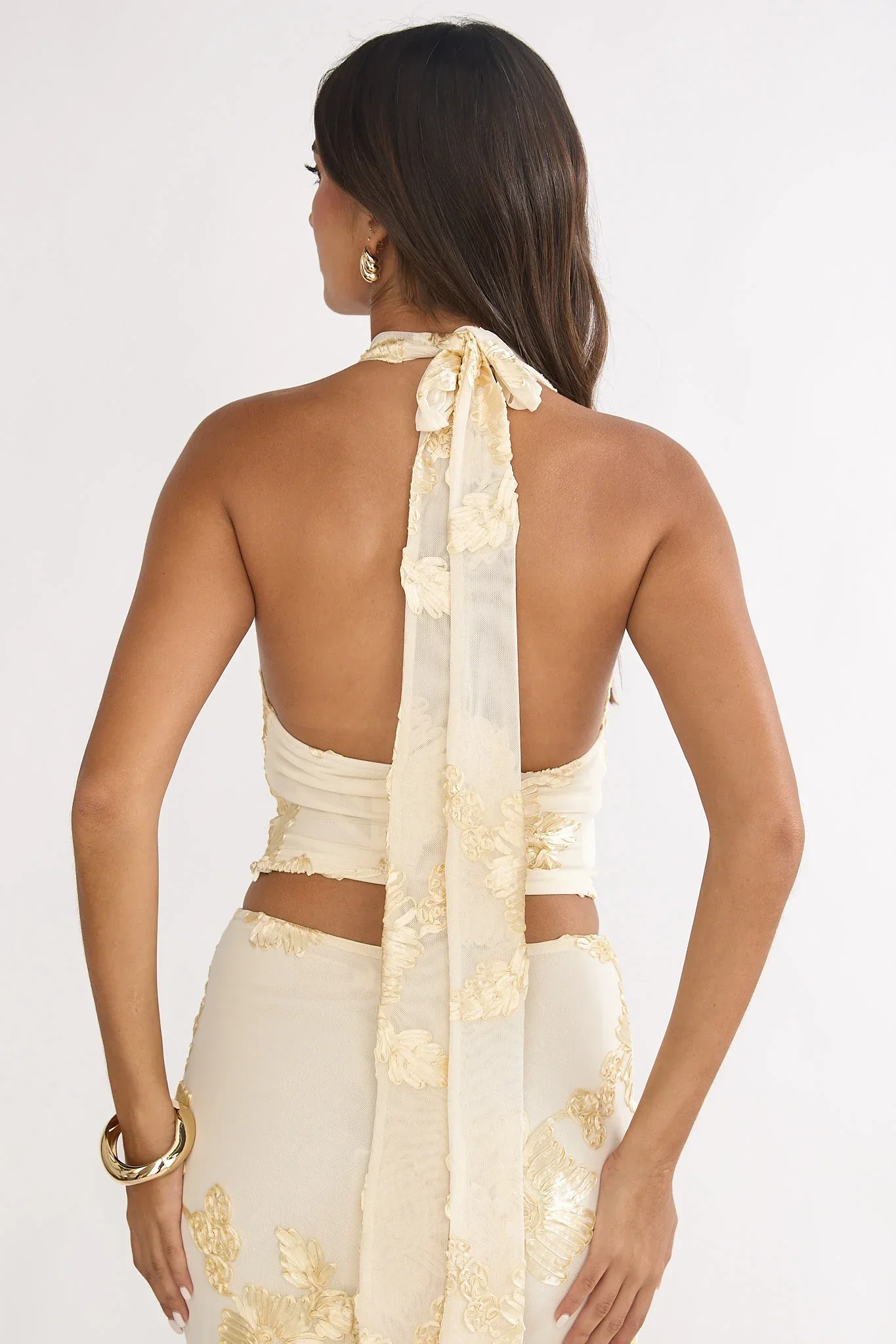 Golden Hours Cowl Halter Top Embellished Yellow