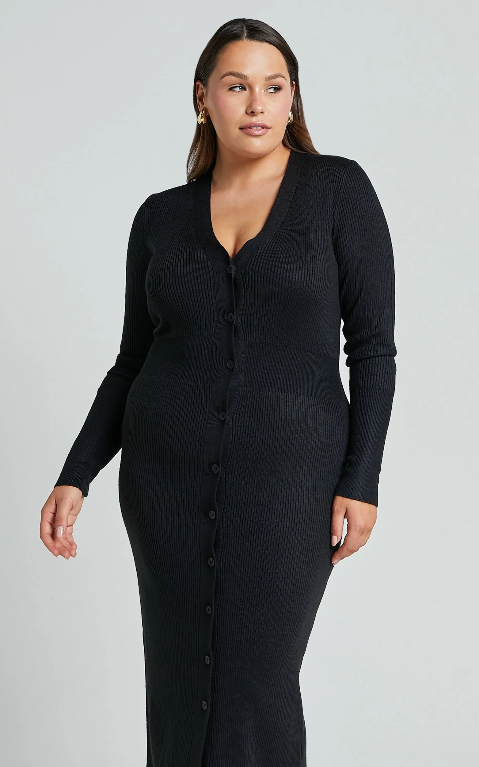 Leahanna Midi Dress - Button Front Knit Dress in Black