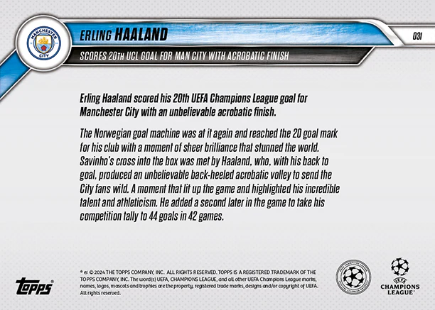 Erling Haaland - Scores 20th UCL goal for Man City with acrobatic finish - 24/25 UCC Topps NOW® Card 31