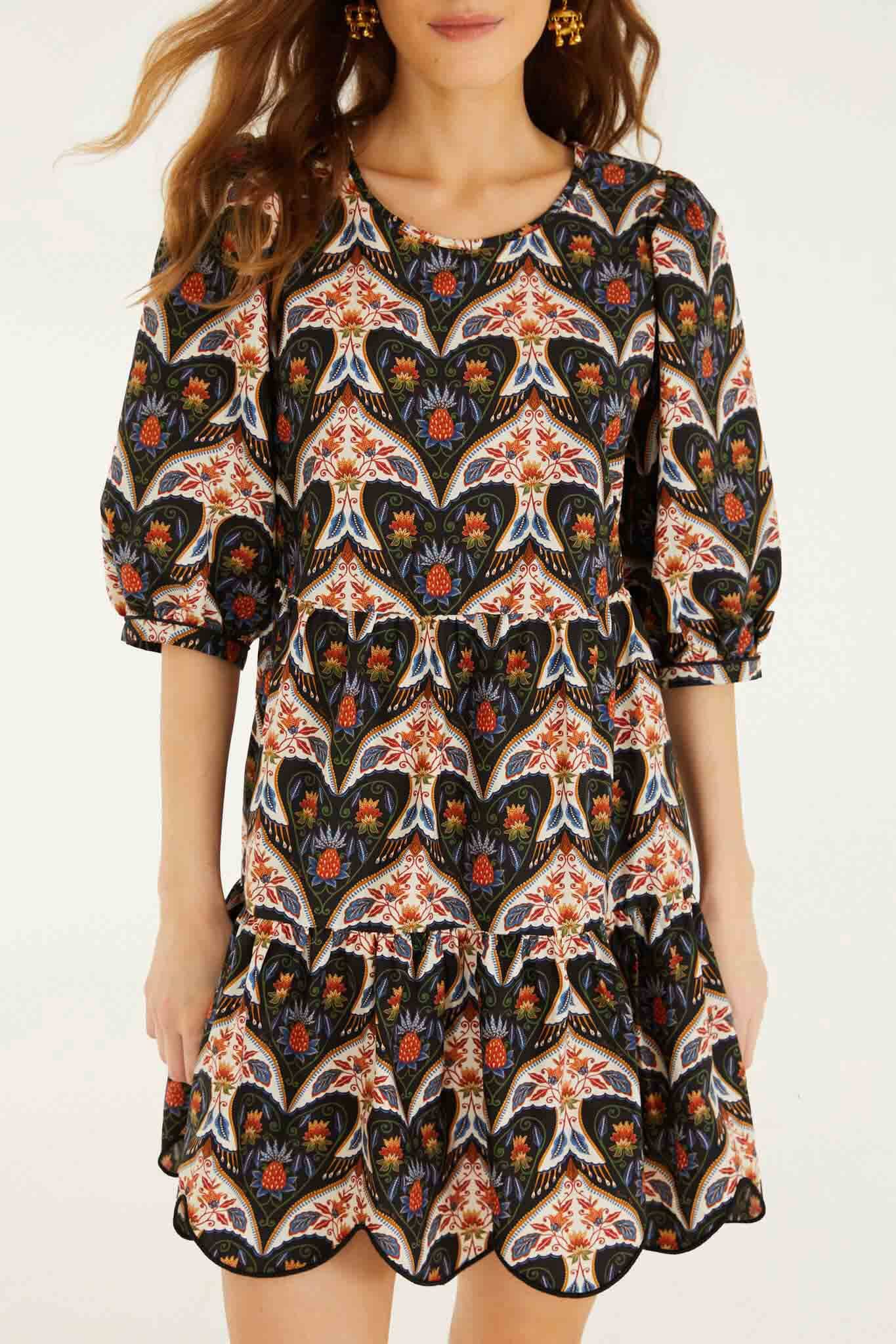 Black Porcelain Birds Puff Sleeve Mini Dress