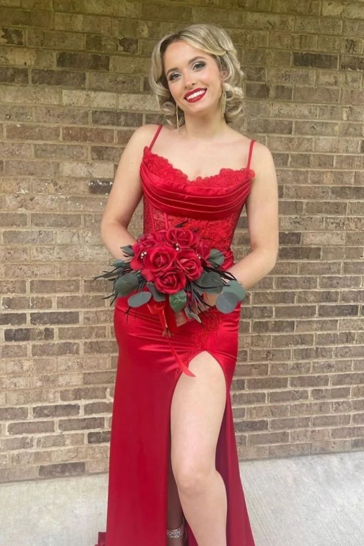 Scoop Red Lace and Satin A-line Long Formal Dress