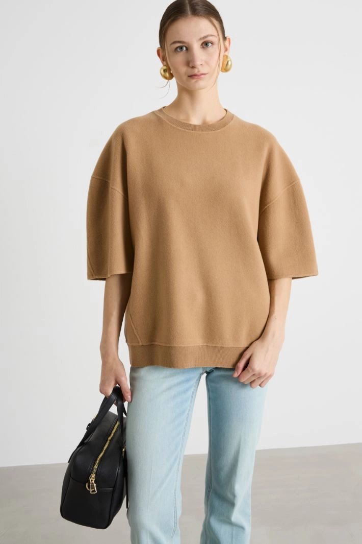 Oversized short-sleeved sweatshirt - CAMEL