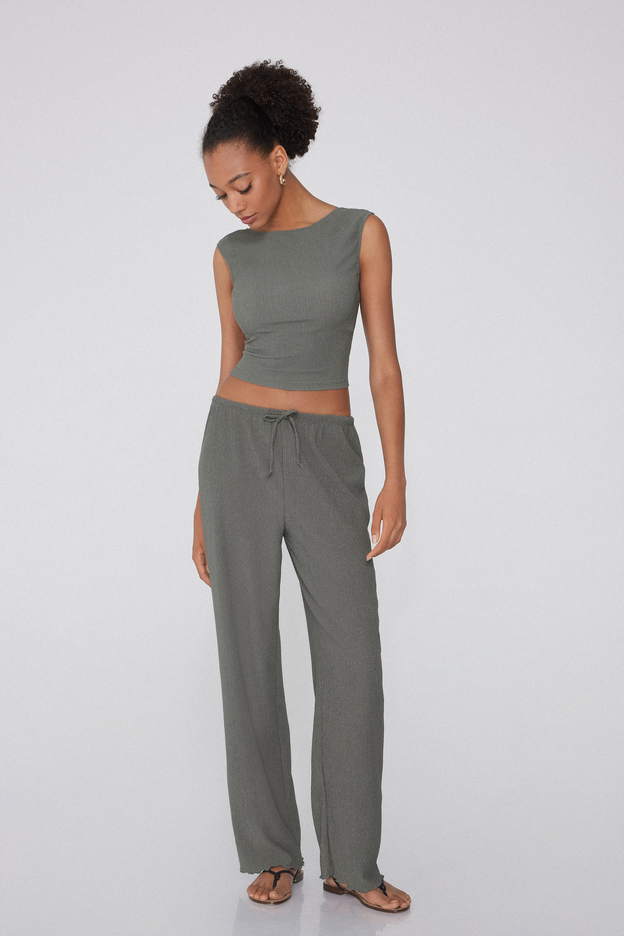 Crepe-Effect Palazzo Trousers with Drawstring