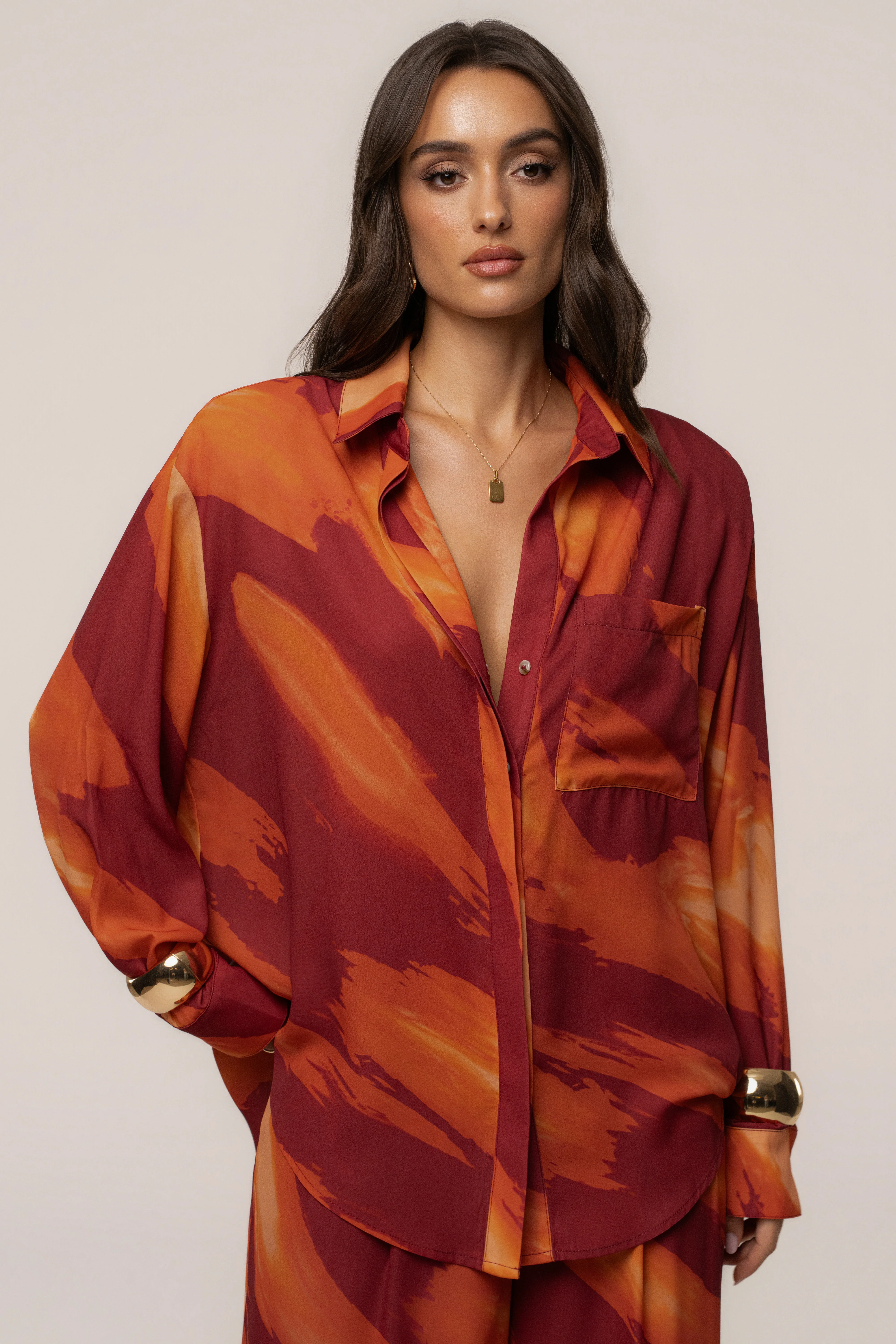 Crimson Dusk Fierce Form Button-Down Shirt