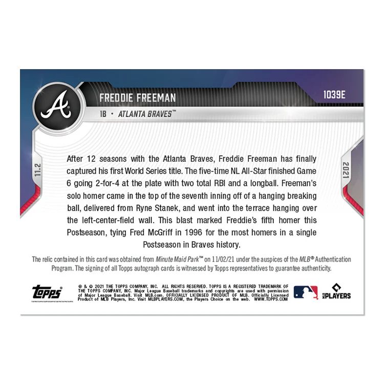 On-Card Auto-Relic # to 5 - Freddie Freeman - 2021 MLB TOPPS NOW® Card 1039E