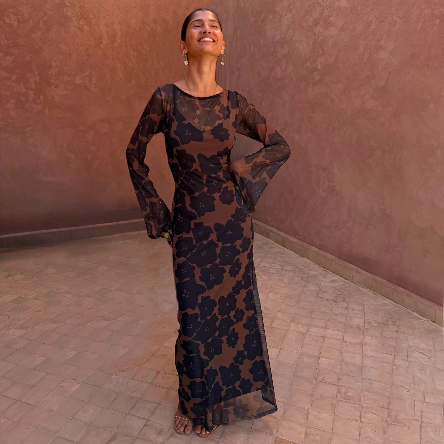 Tan Jaden Floral Mesh Dress