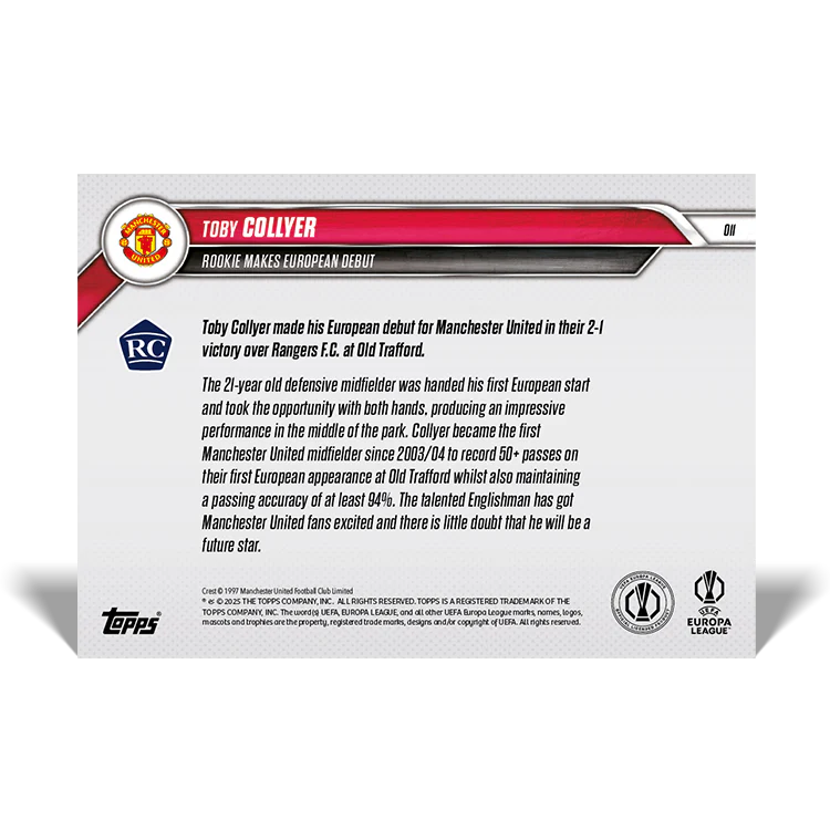 Toby Collyer - Rookie makes European debut - 24/25 UEL Topps NOW® Card 11