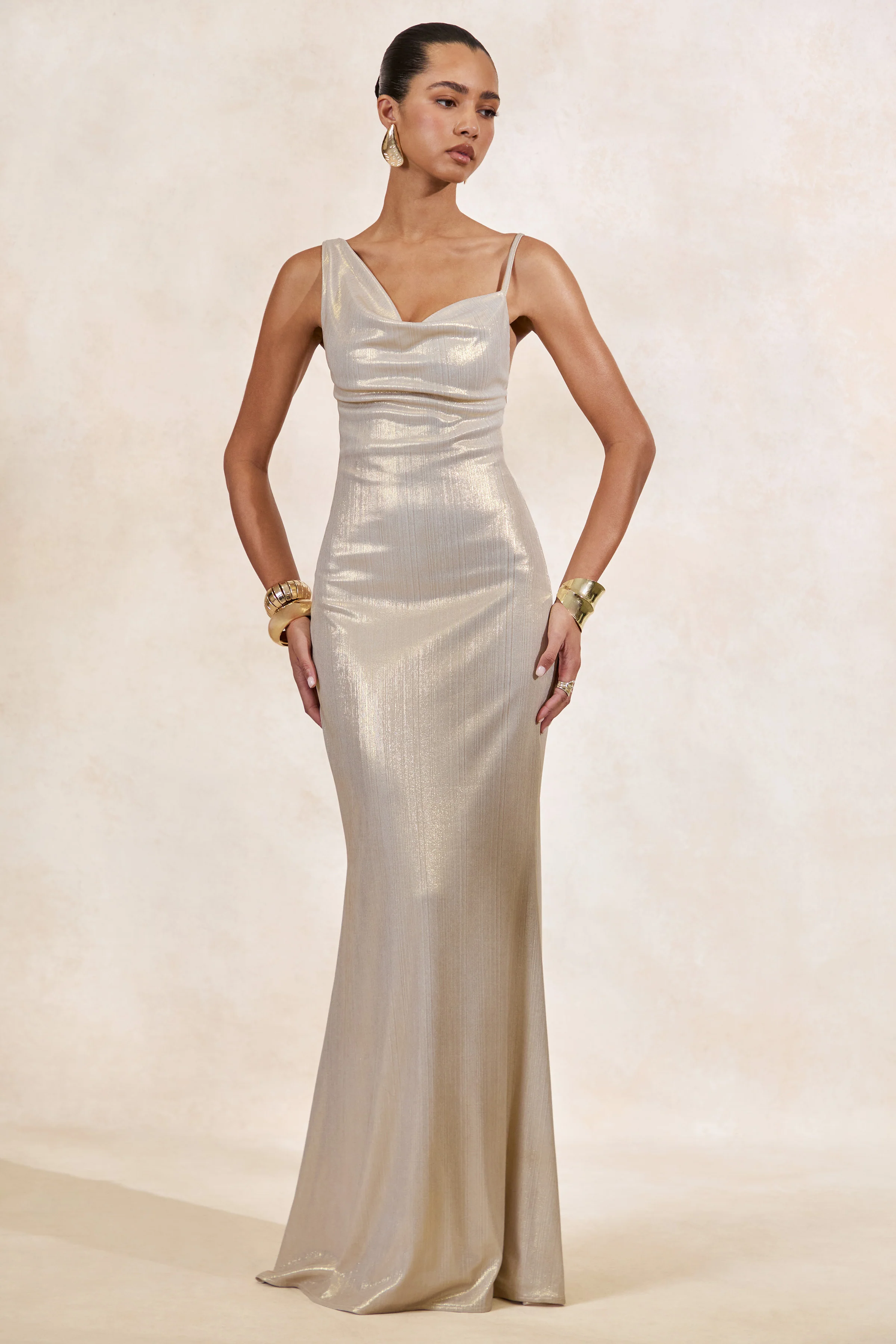 Galaxy Shimmer | Champagne Bias Cut Cowl Front Maxi Dress