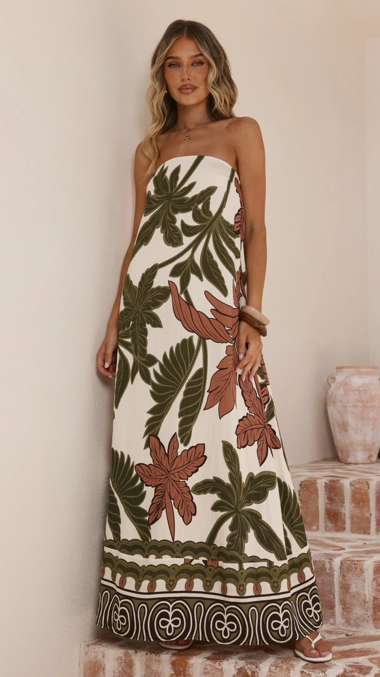 Connie Maxi Dress - Green/Beige Palm
