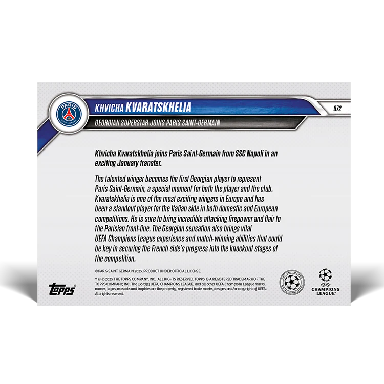 Khvicha Kvaratskhelia - Georgian superstar joins Paris Saint-Germain - 24/25 UCL Topps NOW® Card 72