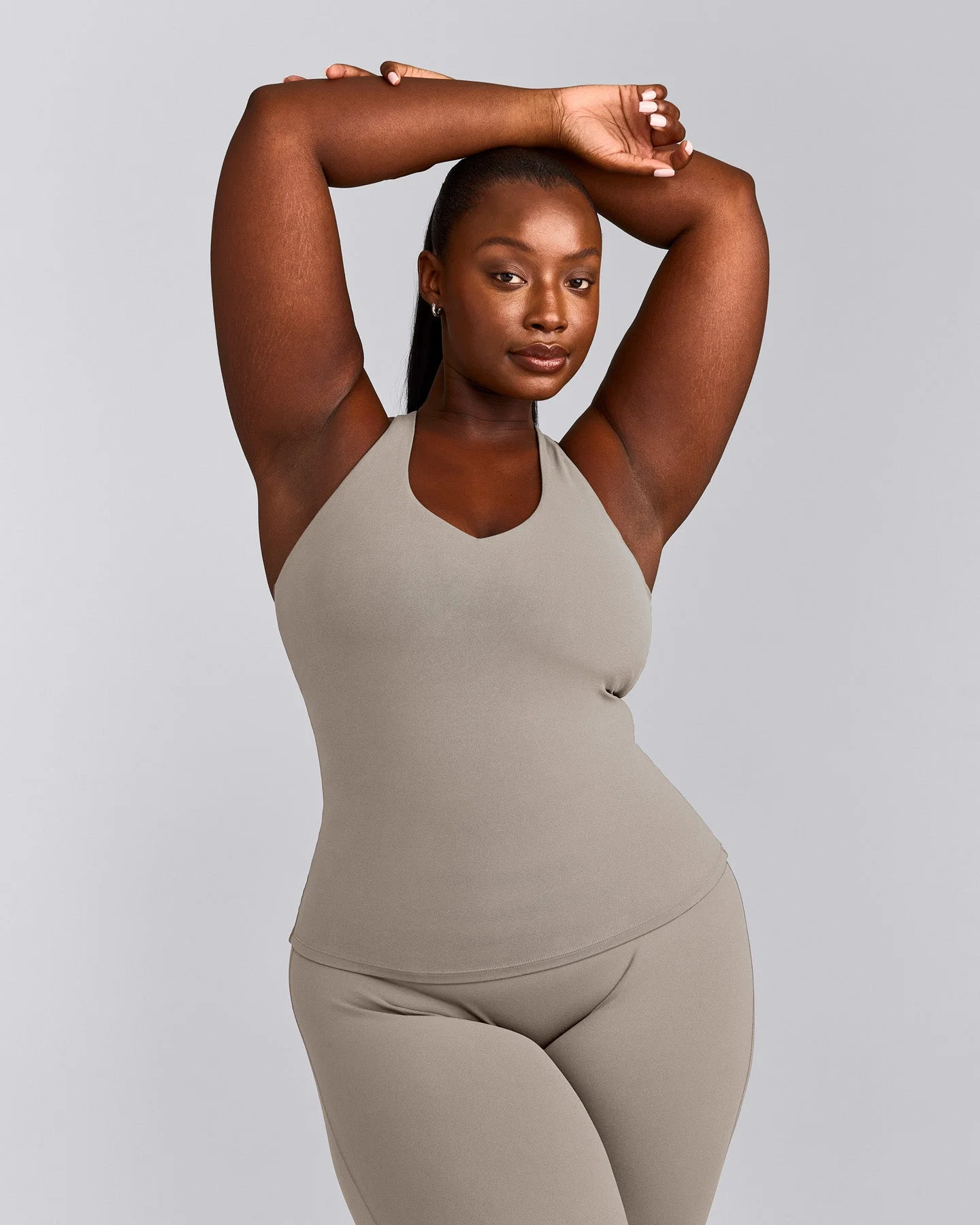 SoftMotion™ Racer Back Vest with Built in Bra Shelf with White Logo | Warm Sand