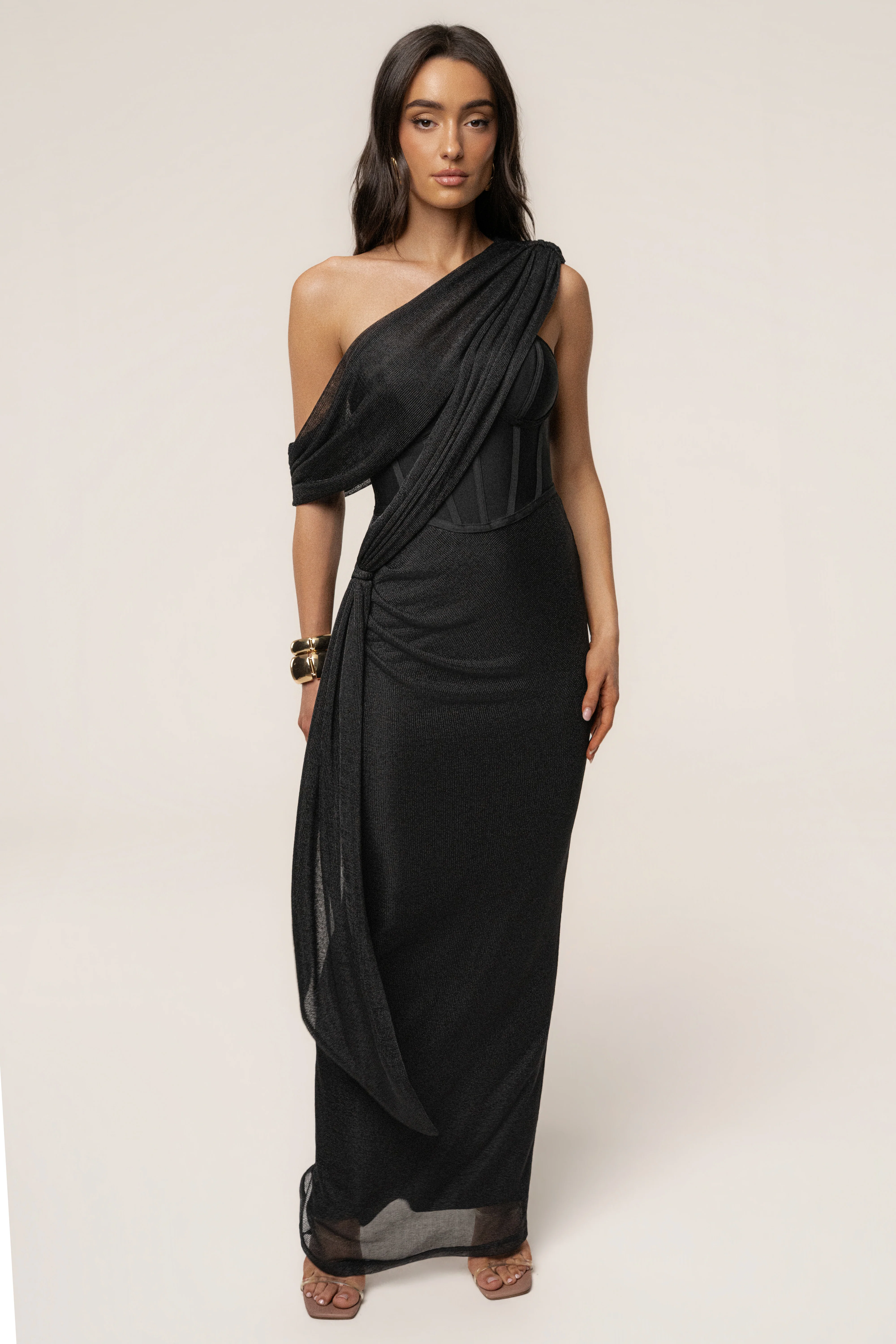 Black Metallic Celestina Draped Maxi Dress