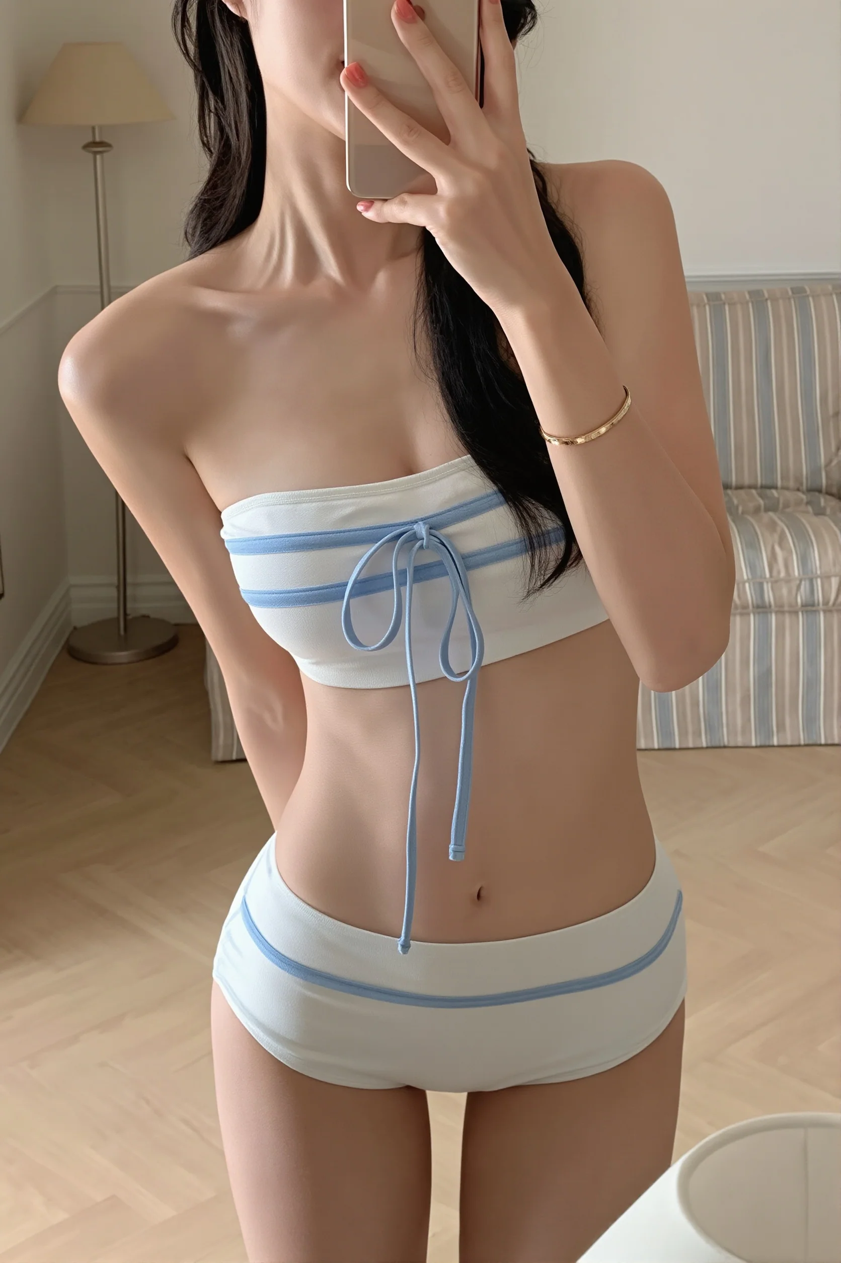 Bandeau Color Block Bow Sweet Bikini Set