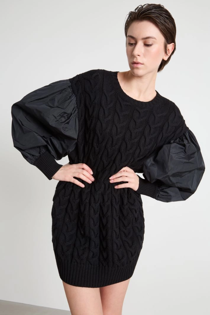 Cable-knit dress with balloon sleeves - BLACK