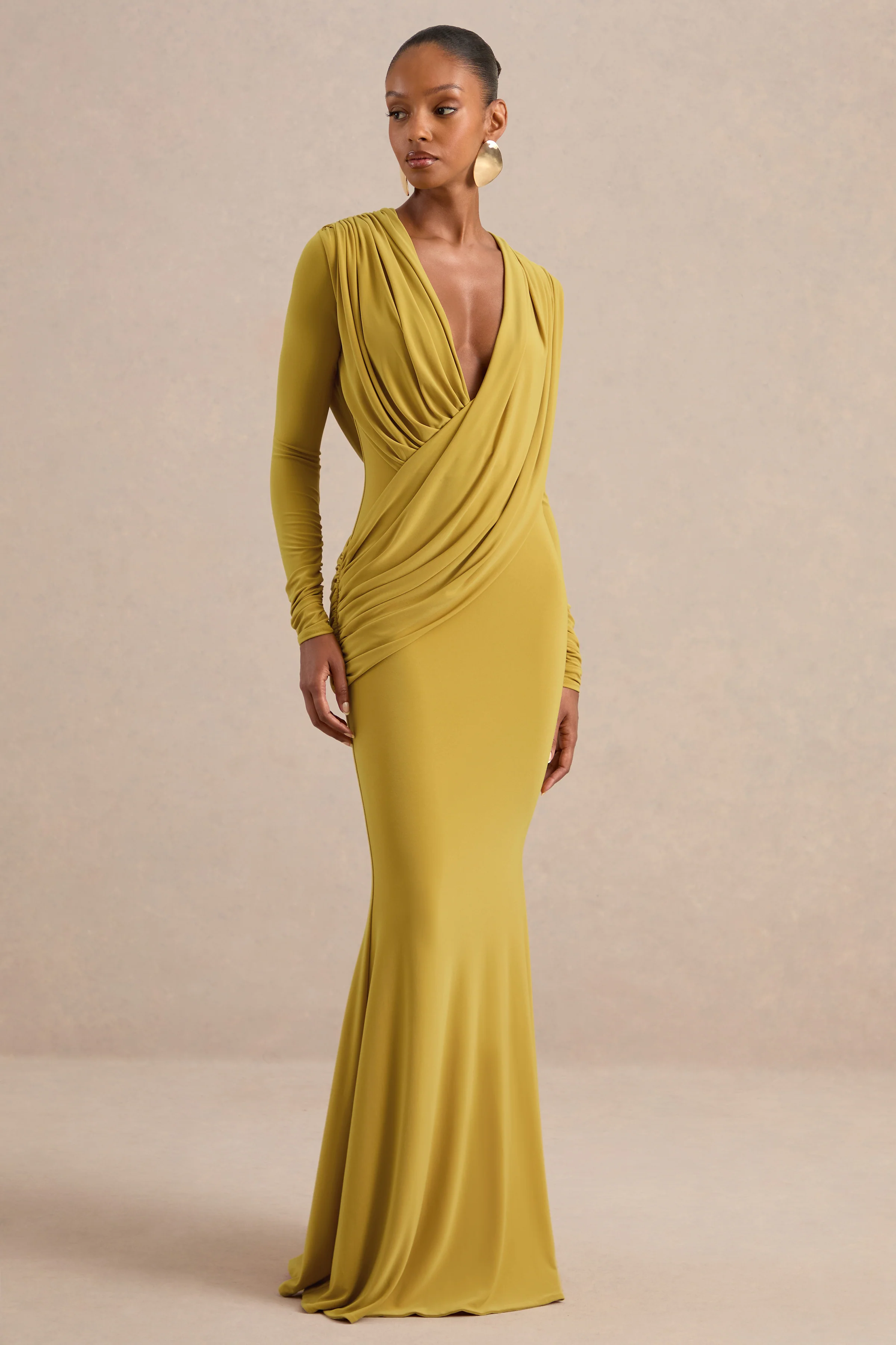 Azmina | Mustard Jersey Ruched V Neck Long Sleeve Maxi Dress With Draped Detailing And Low Back