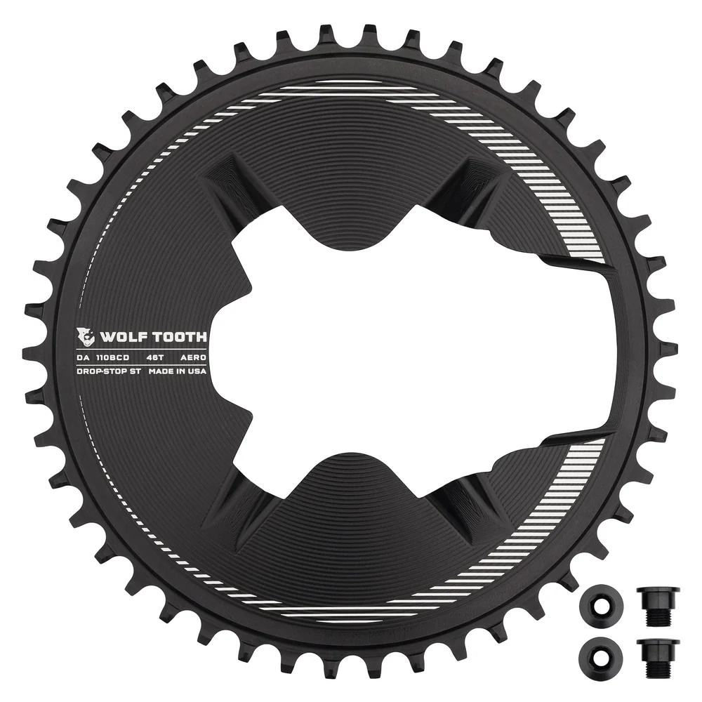 Wolf Tooth Aero Chainring for Dura Ace R9200 | 110 BCD Asymmetric | 4-Arm | Drop Stop ST - black