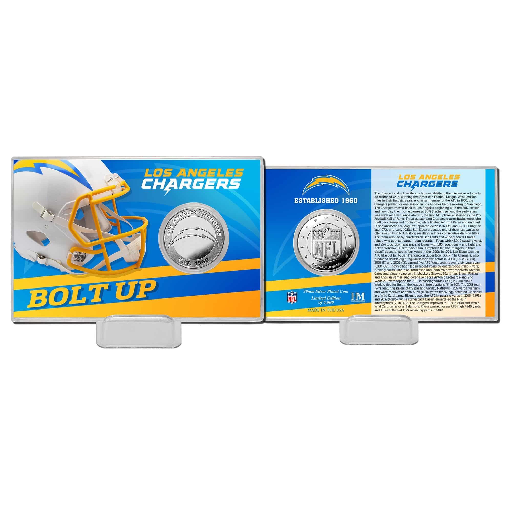Los Angeles Chargers Team History Highland Mint Silver Coin Card