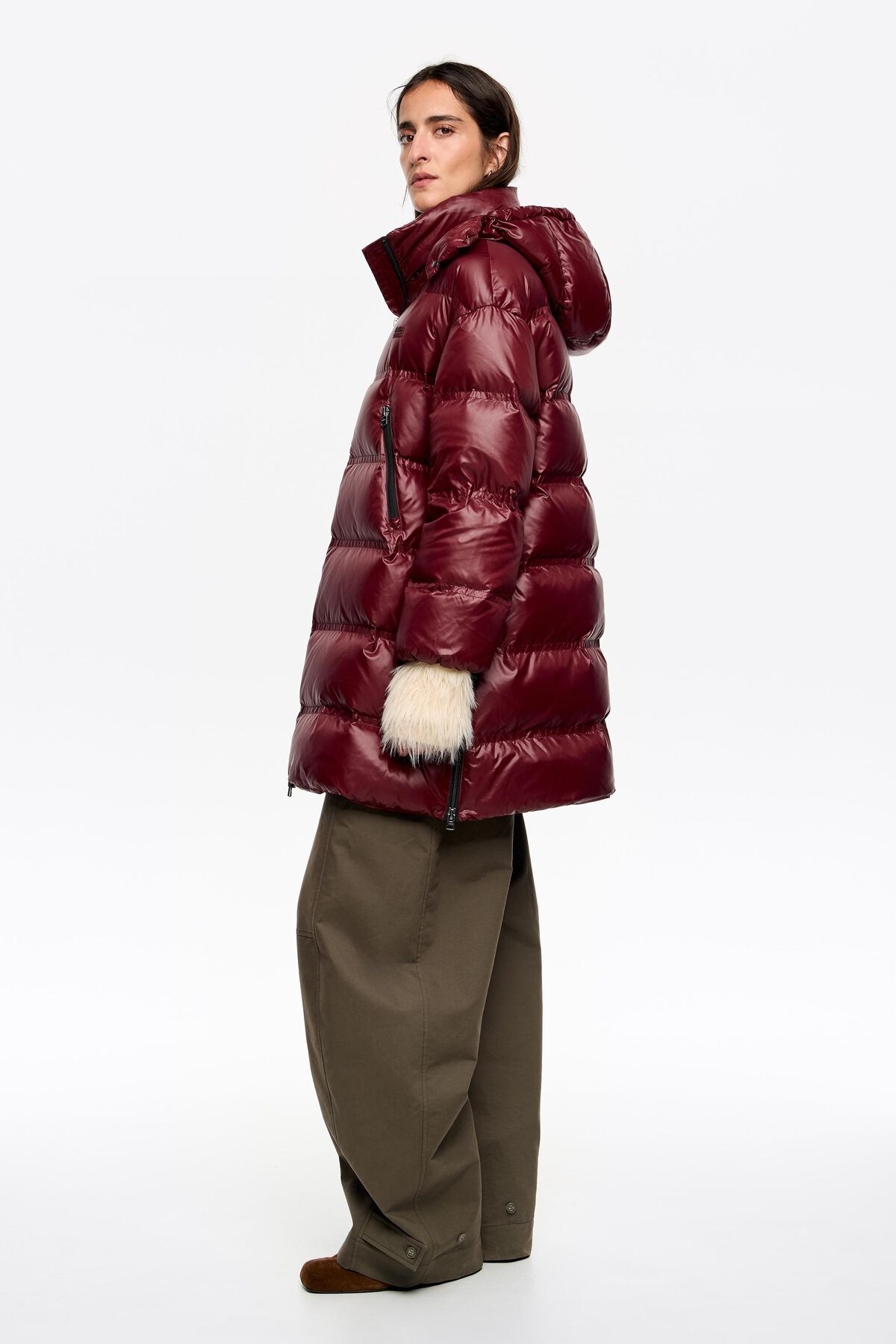 Burgundy A-line down jacket with detachable hood