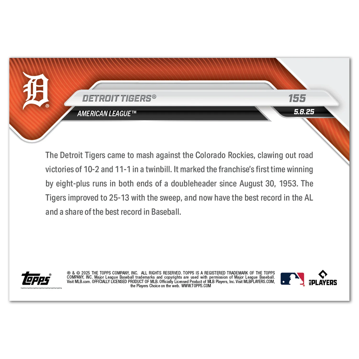 Detroit Tigers - 2025 MLB Topps NOW® - Card 155