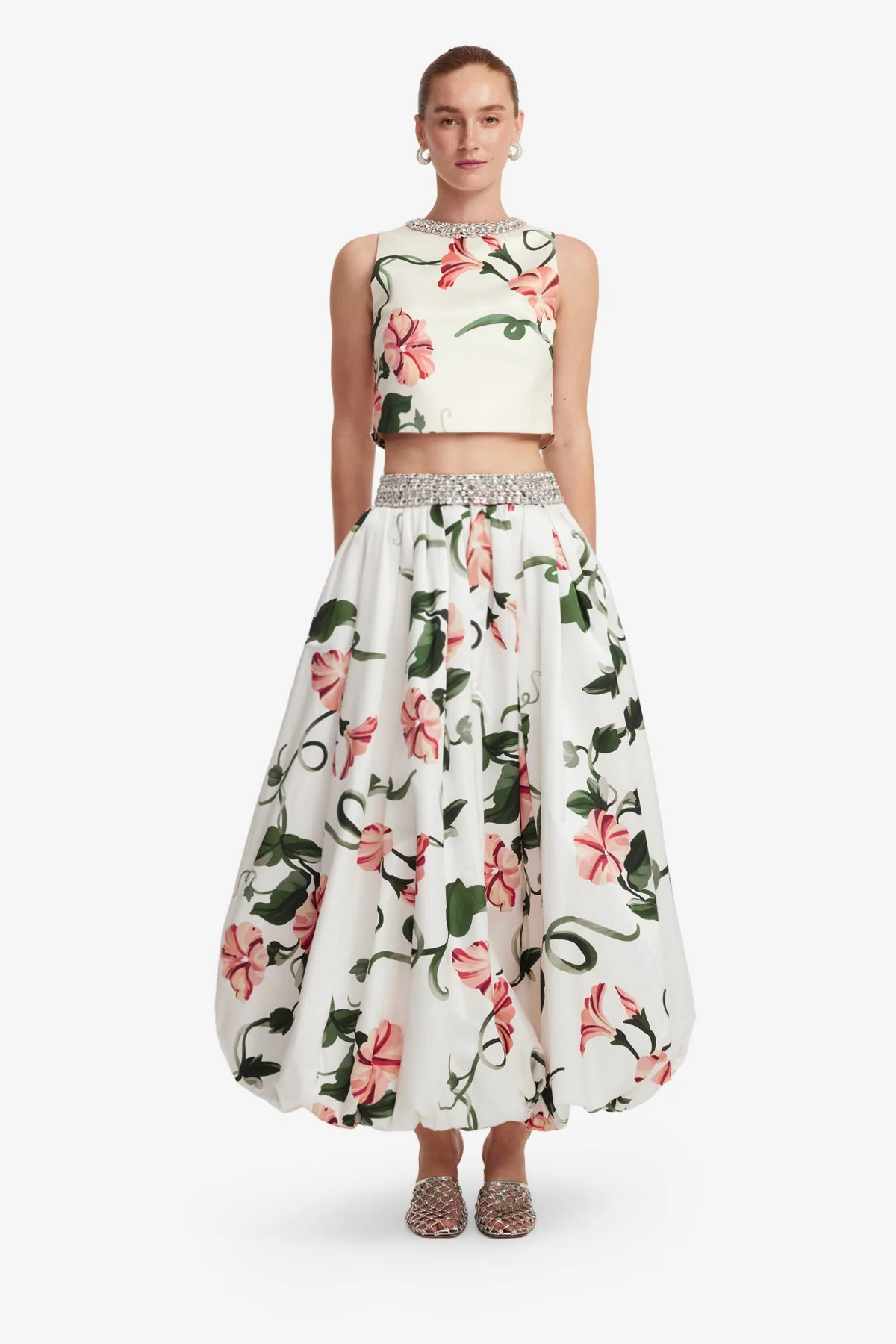 Victoria Embellished Puff Maxi Skirt - Vine Print in Snow