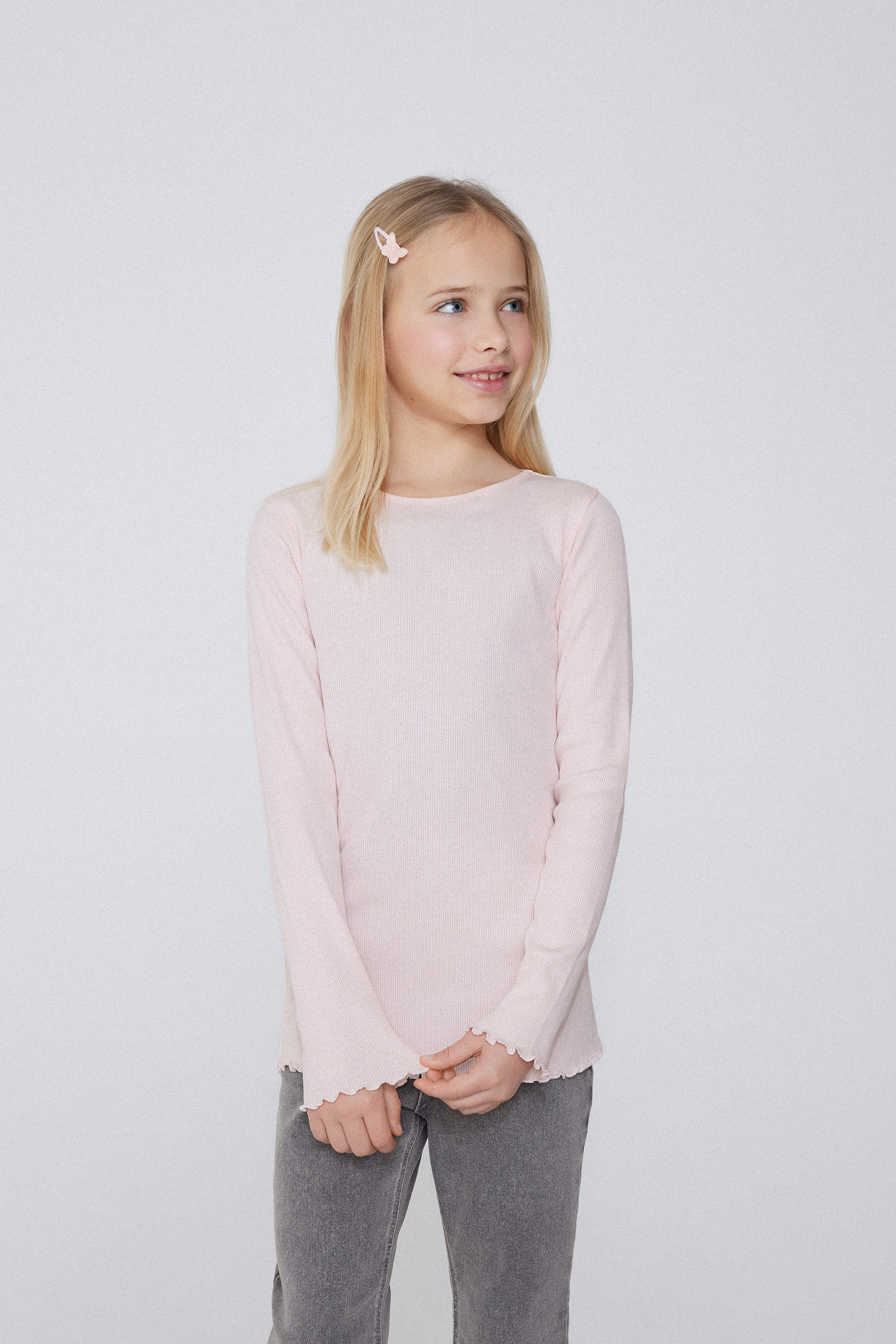 Girls’ Long Sleeve Ribbed Round-Neck Top with Rolled Hem