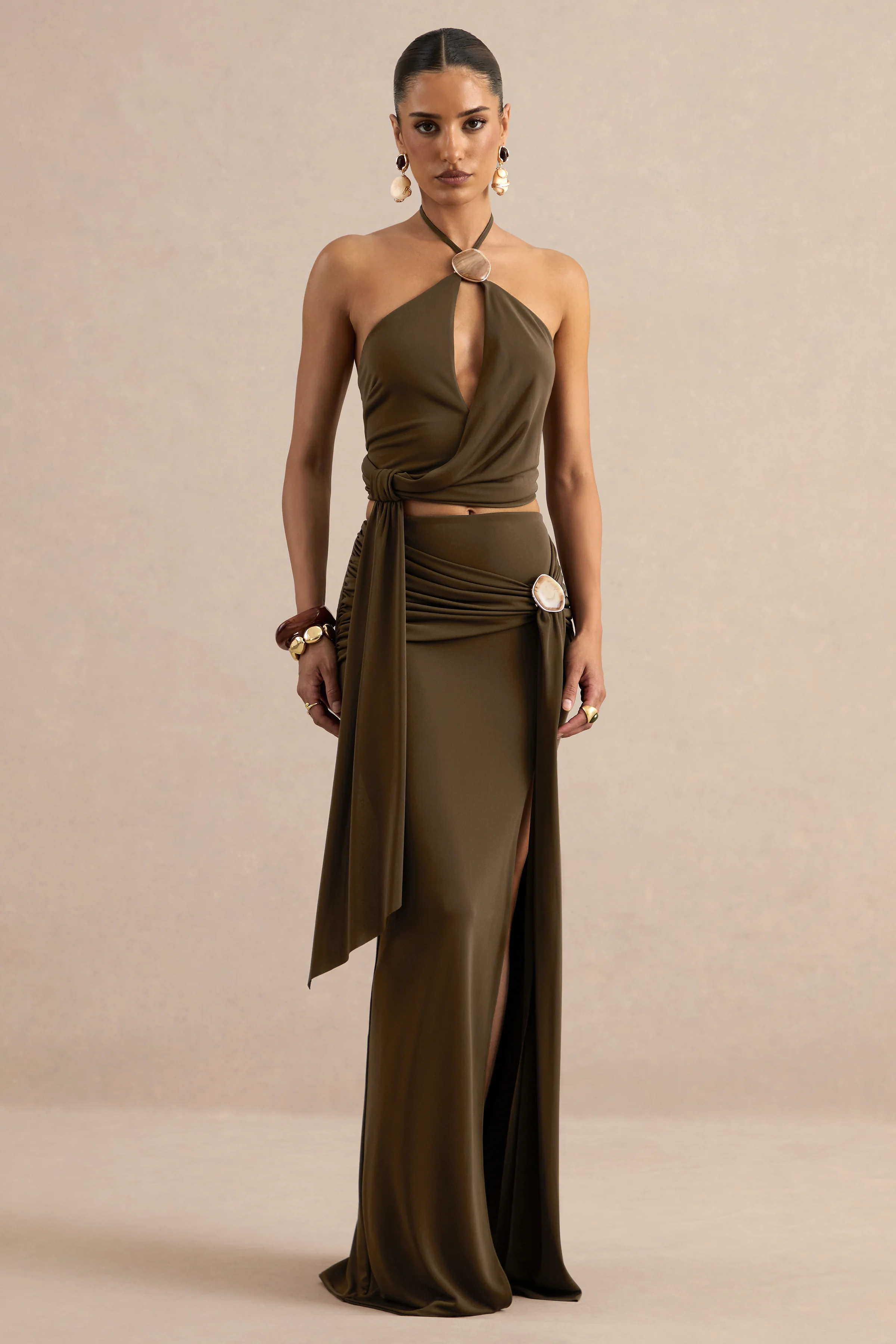 Liviana | Khaki Maxi Skirt With Gathered Detailing And Gold Detail