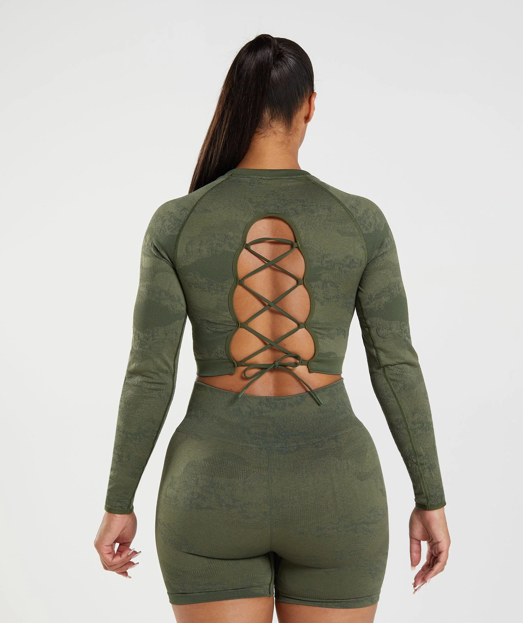 Adapt Camo Seamless Lace Up Back Top Moss Olive/Core Olive
