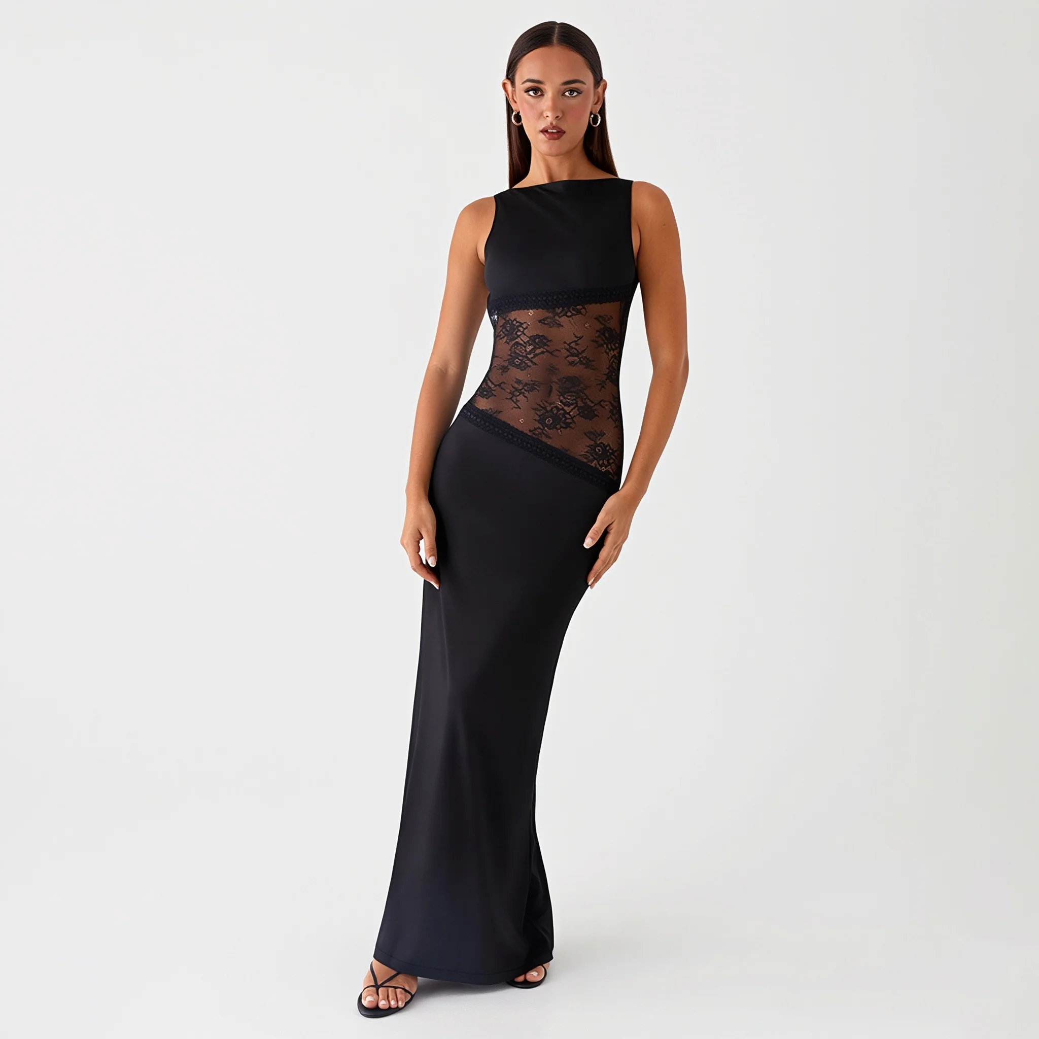 Sexy Lace Satin Backless Maxi Dress