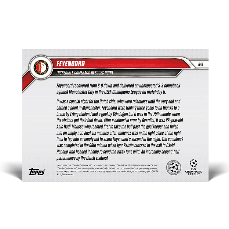 Feyenoord - Incredible comeback rescues point - 24/25 UCC Topps NOW® Card 48