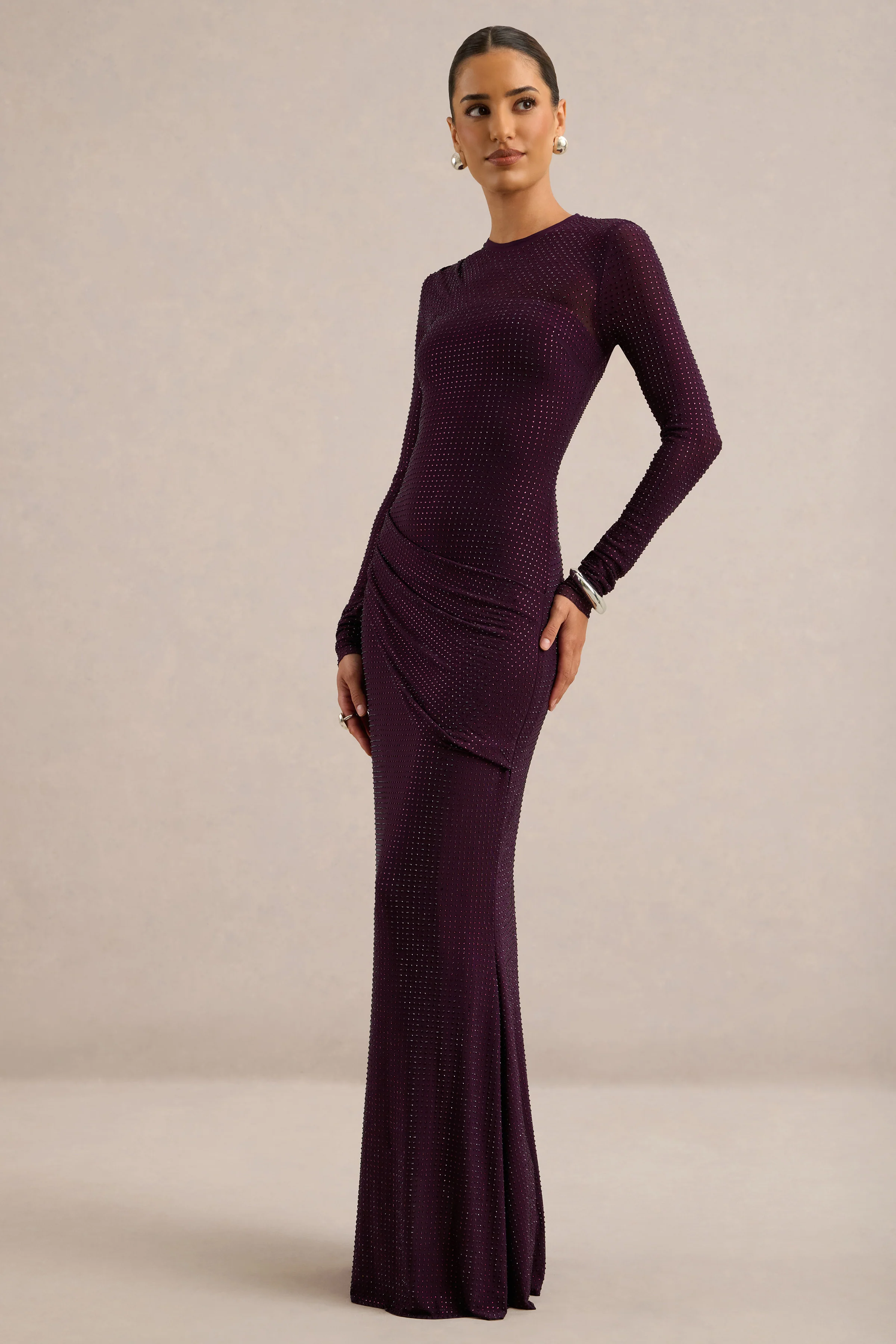 Alvena | Purple Embellished Jersey High Neck Long Sleeve Maxi Dress With Draped Detailing