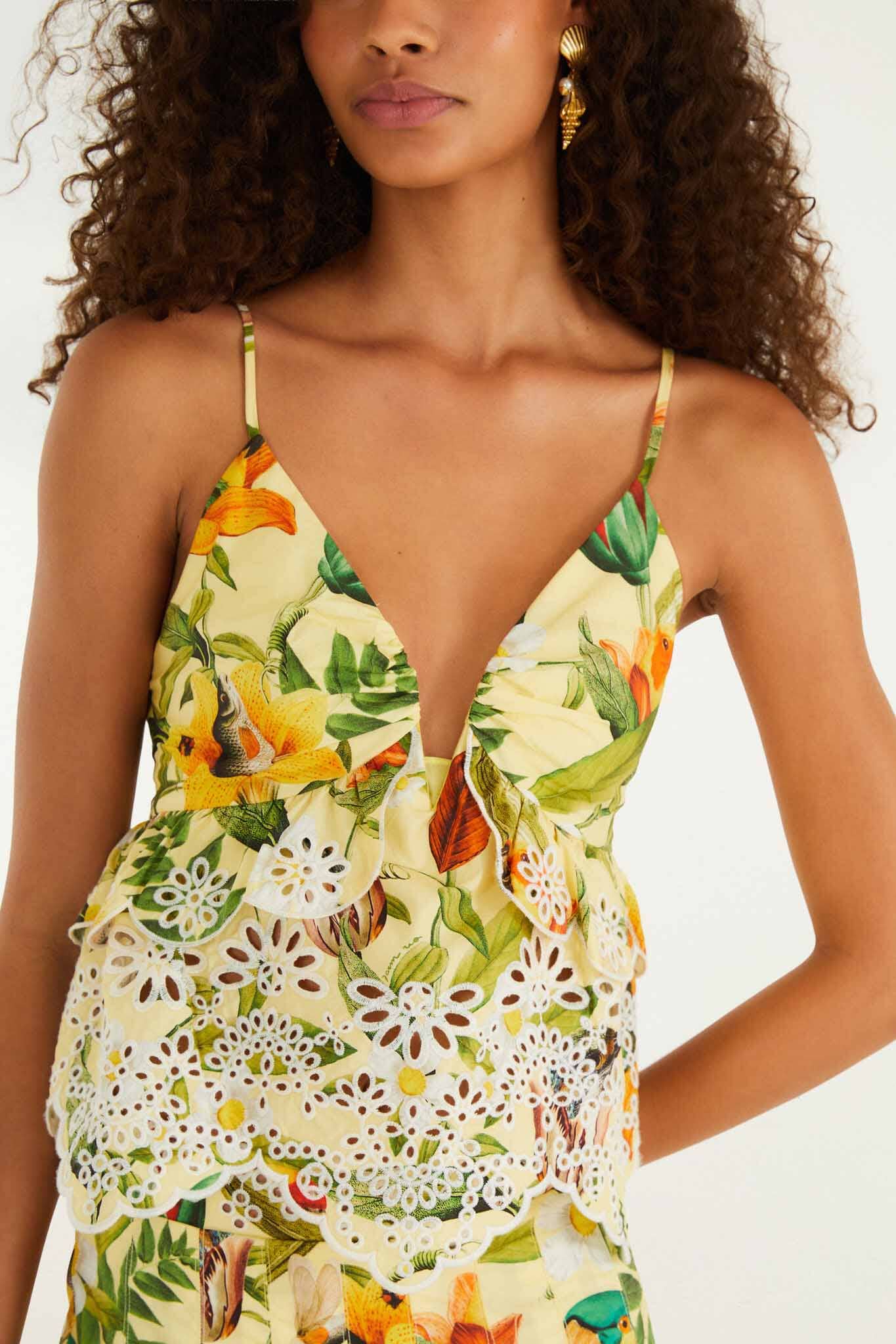 Soft Yellow Brasil Collage Lace Ruffled Blouse