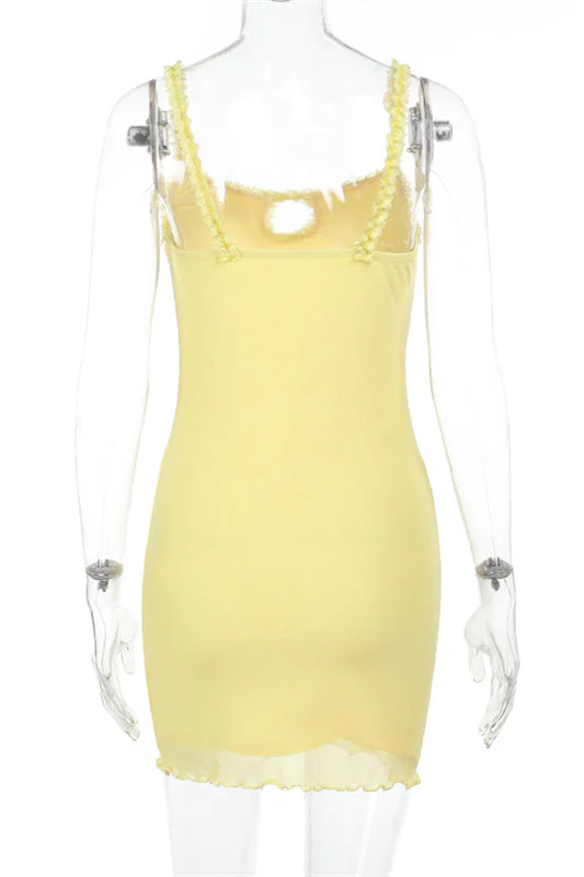 Straps Yellow Bodycon Short Dress with Keyhole