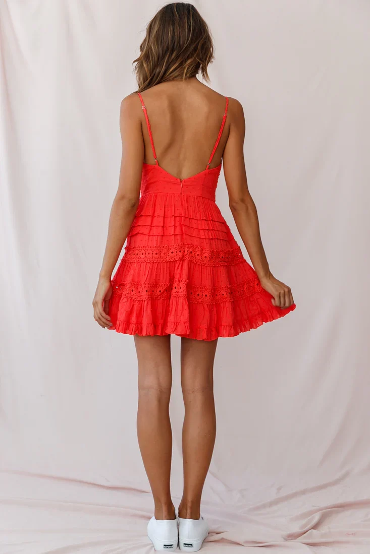 Riley Deep V-Neckline Ruffle Detail Dress Red