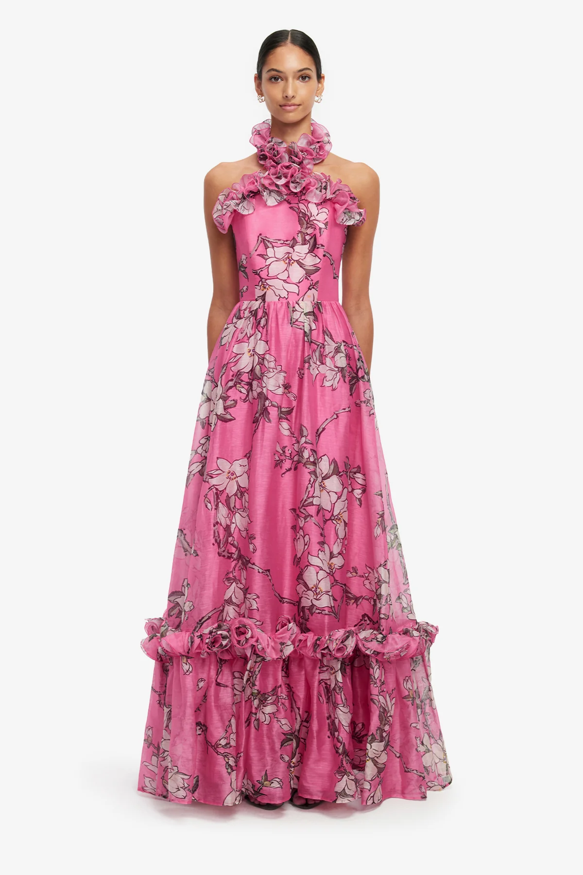Isabelle Ruffled Halterneck Maxi Dress - Pink Magnolia Print