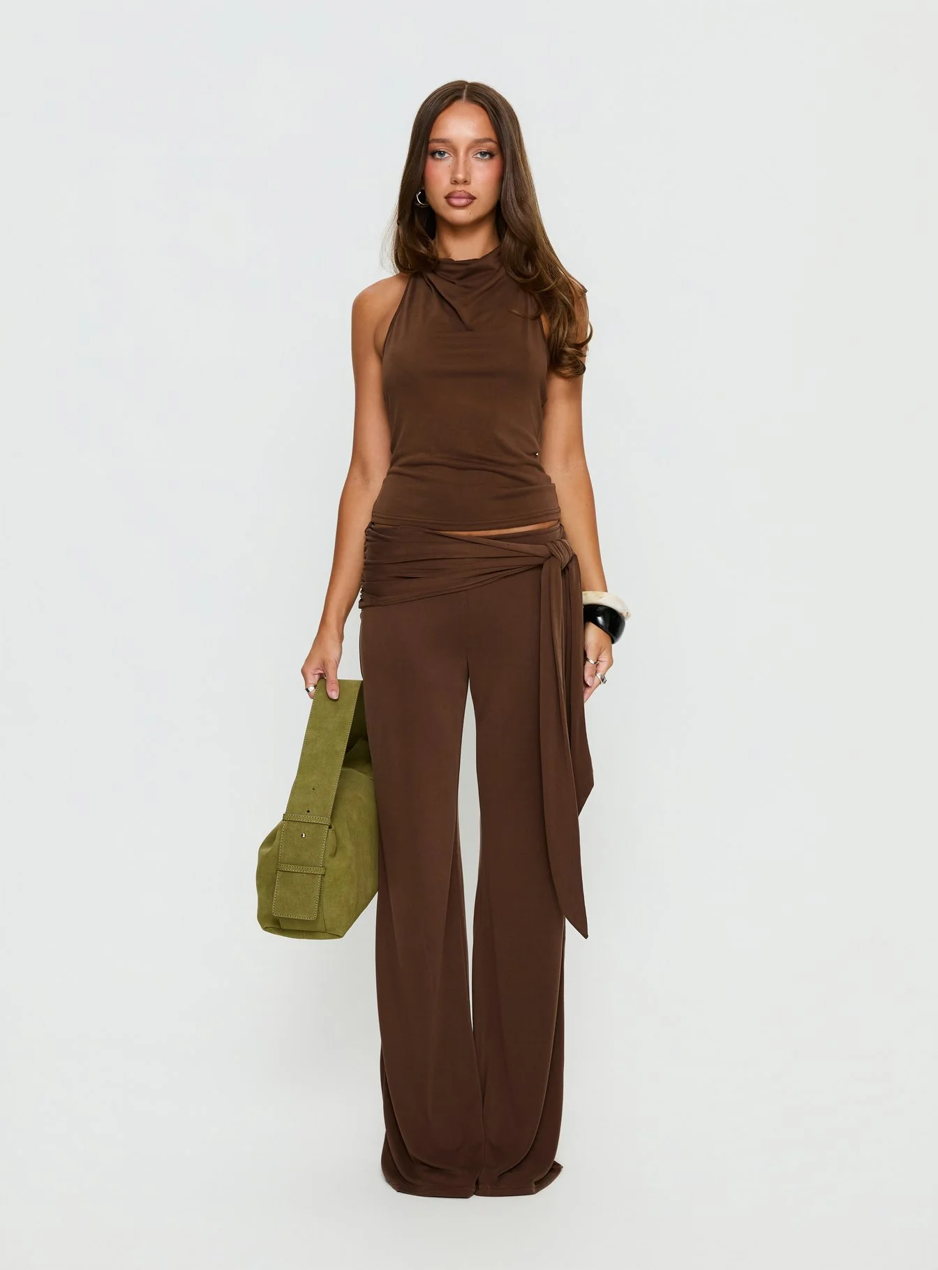 Katiana High Neck Cowl Top Brown