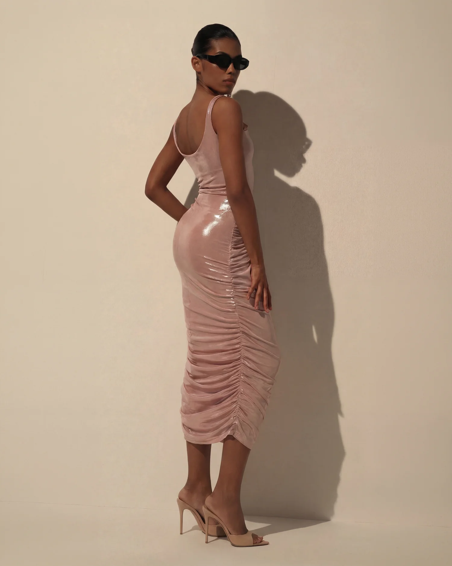 Draped Midi Dress with Metallic Sheen