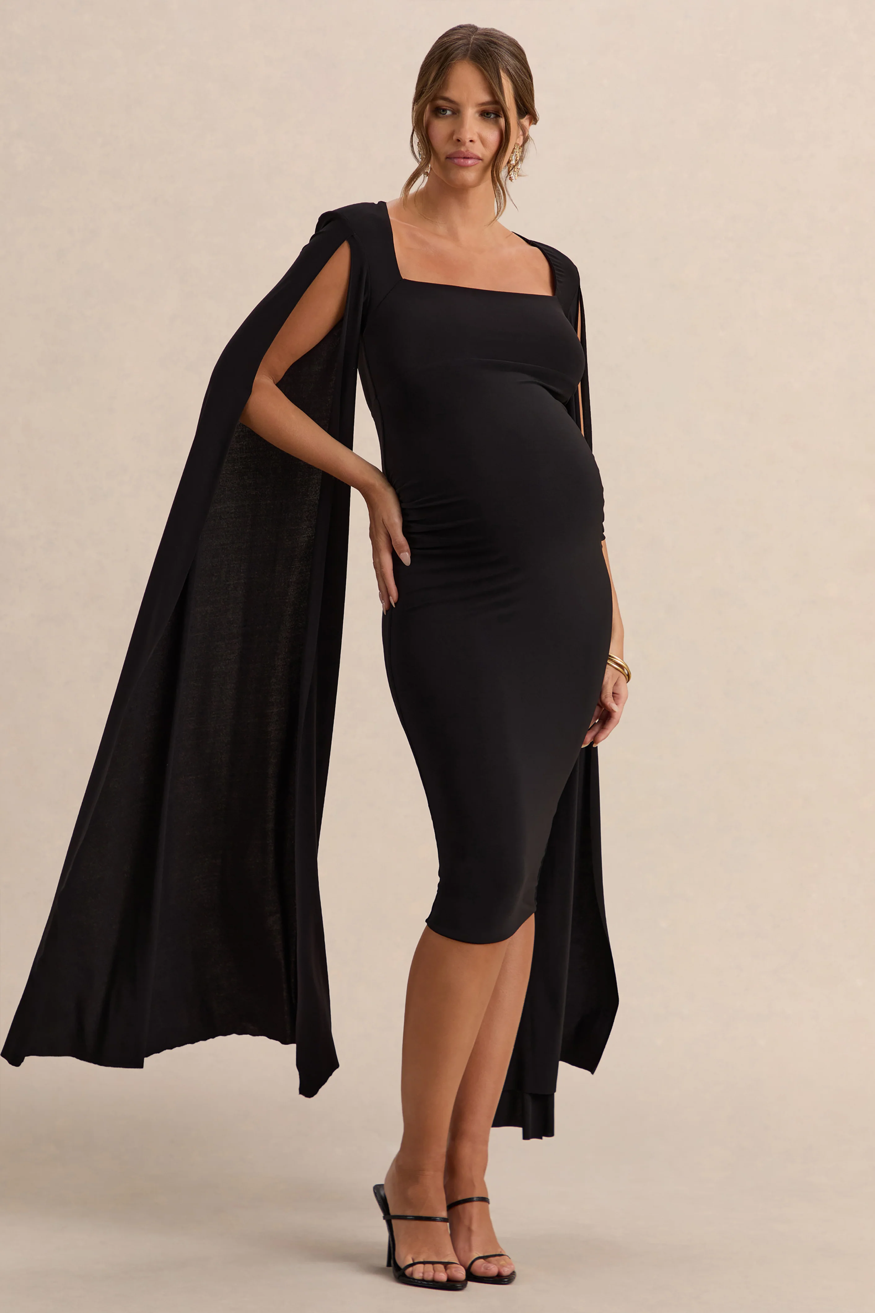 Flawless | Black Square-Neck Maternity Midi Dress With Cape-Sleeves