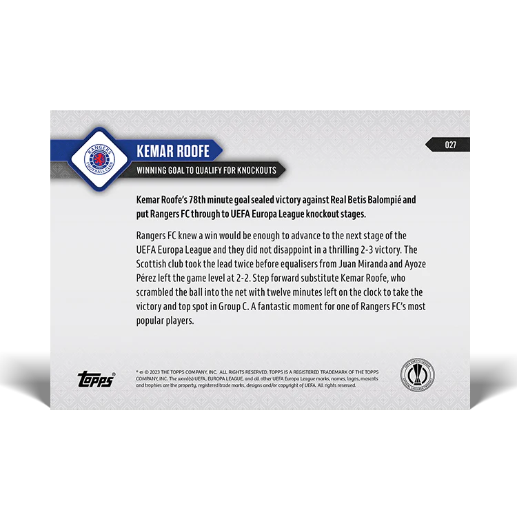 Topps UK - Kemar Roofe - Winning goal to qualify for knockouts - UEL TOPPS NOW® Card #27