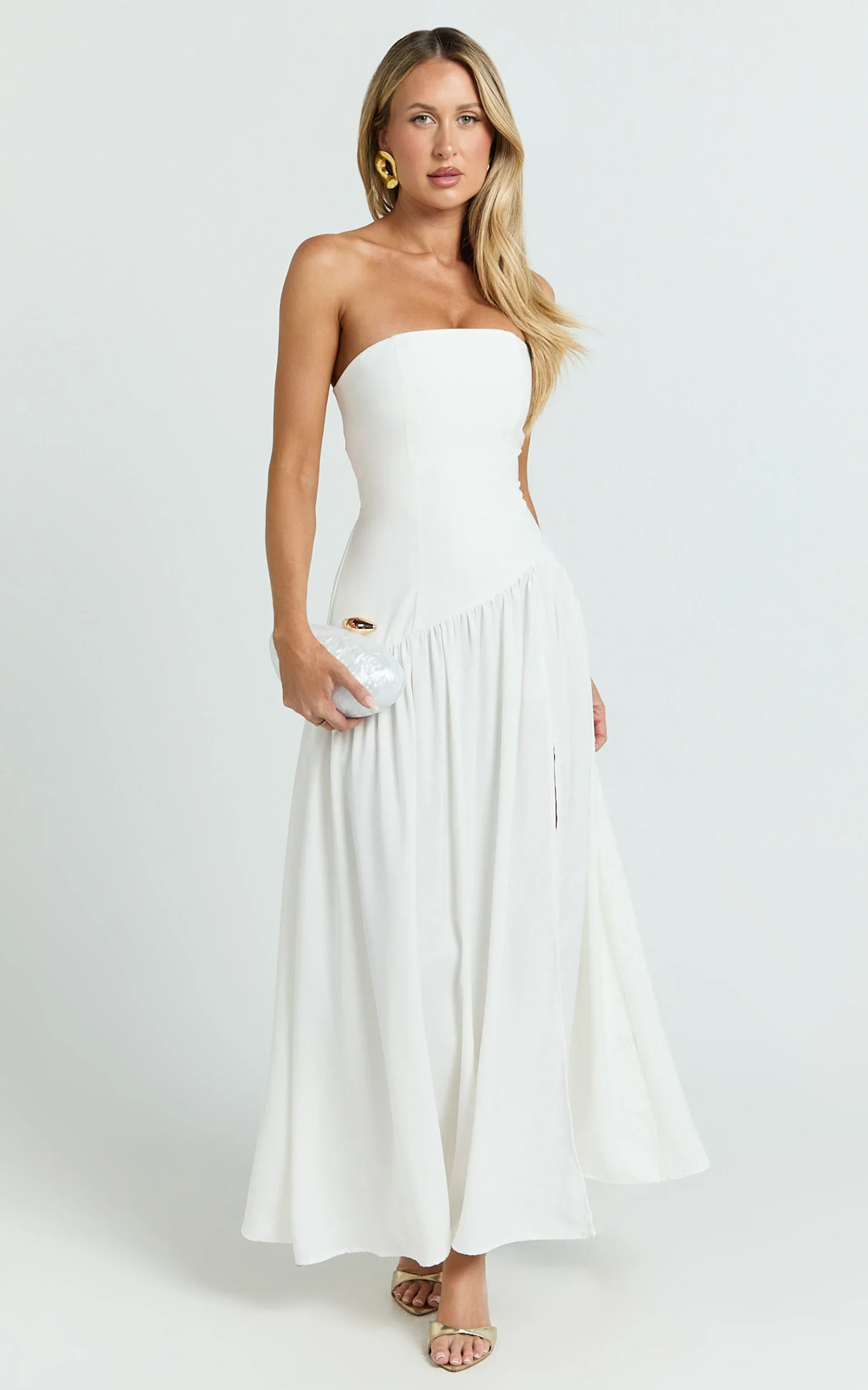 Nadiane Maxi Dress - Strapless Asymmetric Drop Waist Dress in Off White