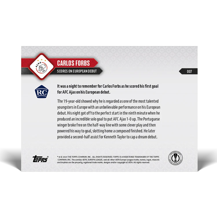 Topps UK - Carlos Forbs - Scores on European debut - UEL TOPPS NOW® Card #7