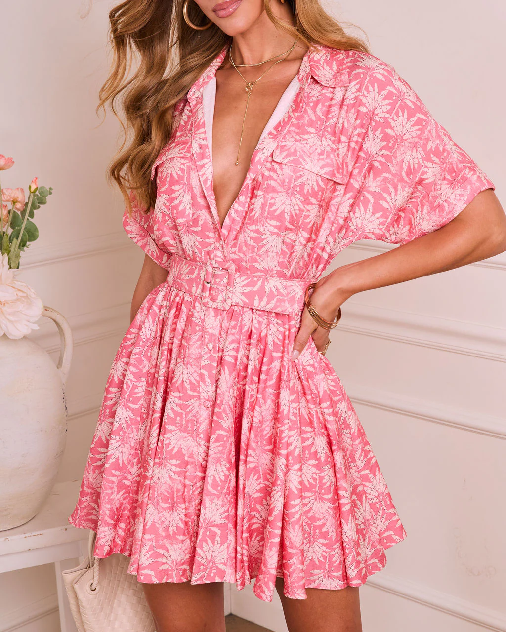 Breezy Lane Belted Palm Print Mini Shirt Dress