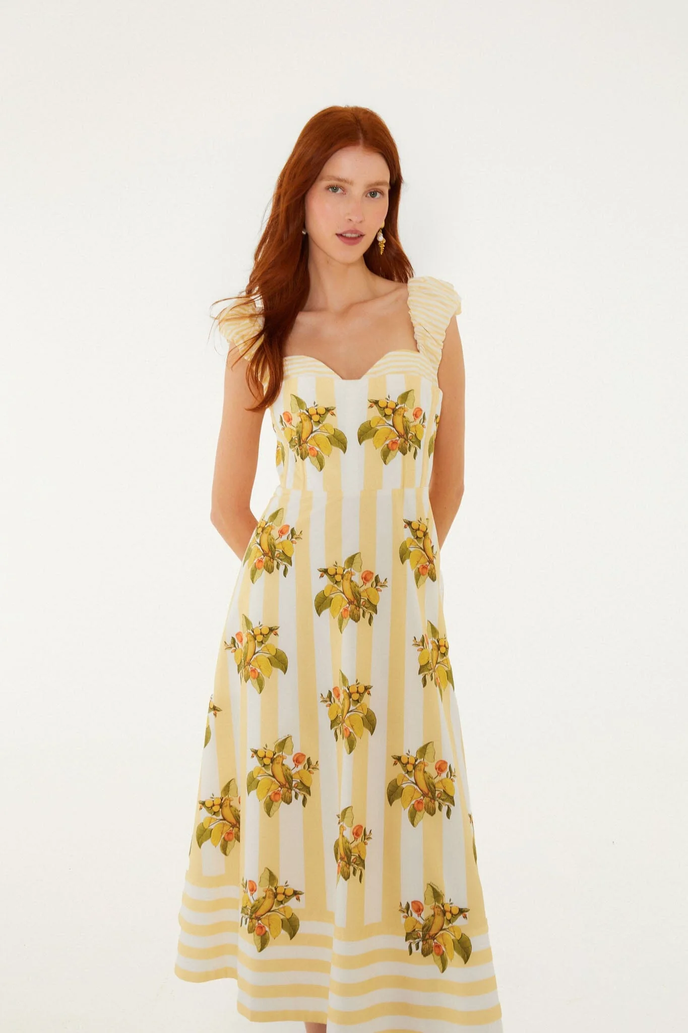 Yellow Lemon Birds Sweetheart Neck Midi Dress