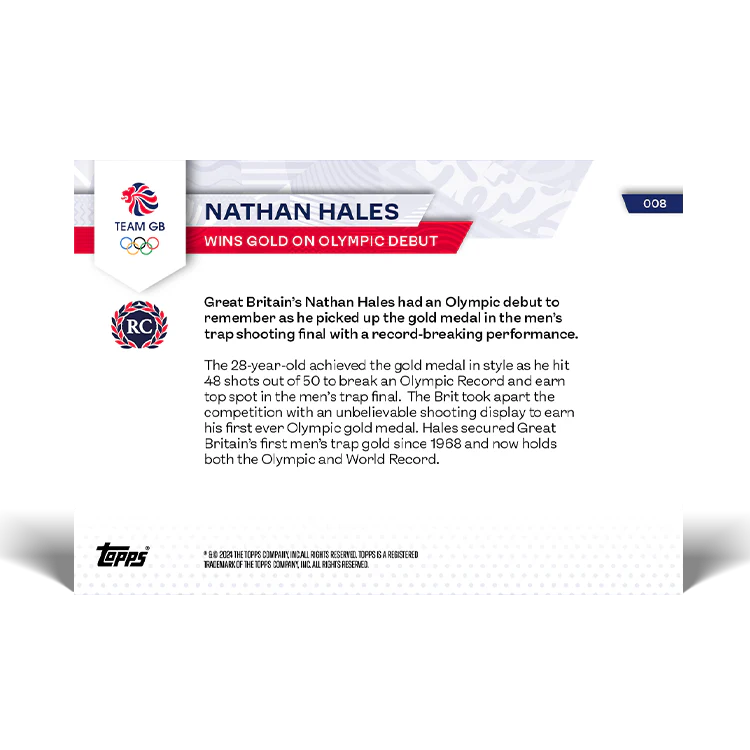 Nathan Hales - Wins gold on Olympics debut - 2024 Team GB TOPPS NOW® Card 8