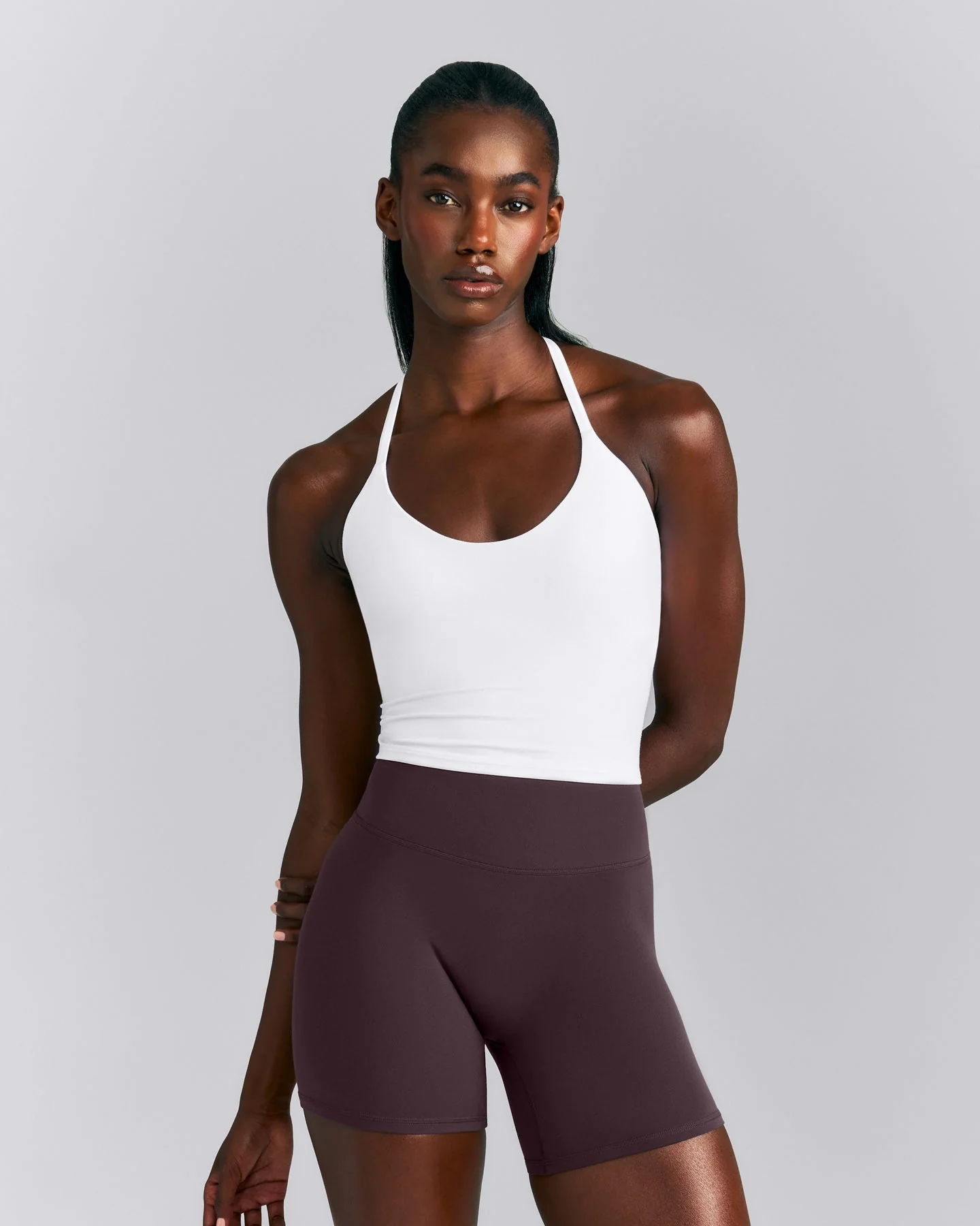 SoftMotion™ Strappy Halter Neck Mid Tank Top with Built in Bra Shelf New Branding | White