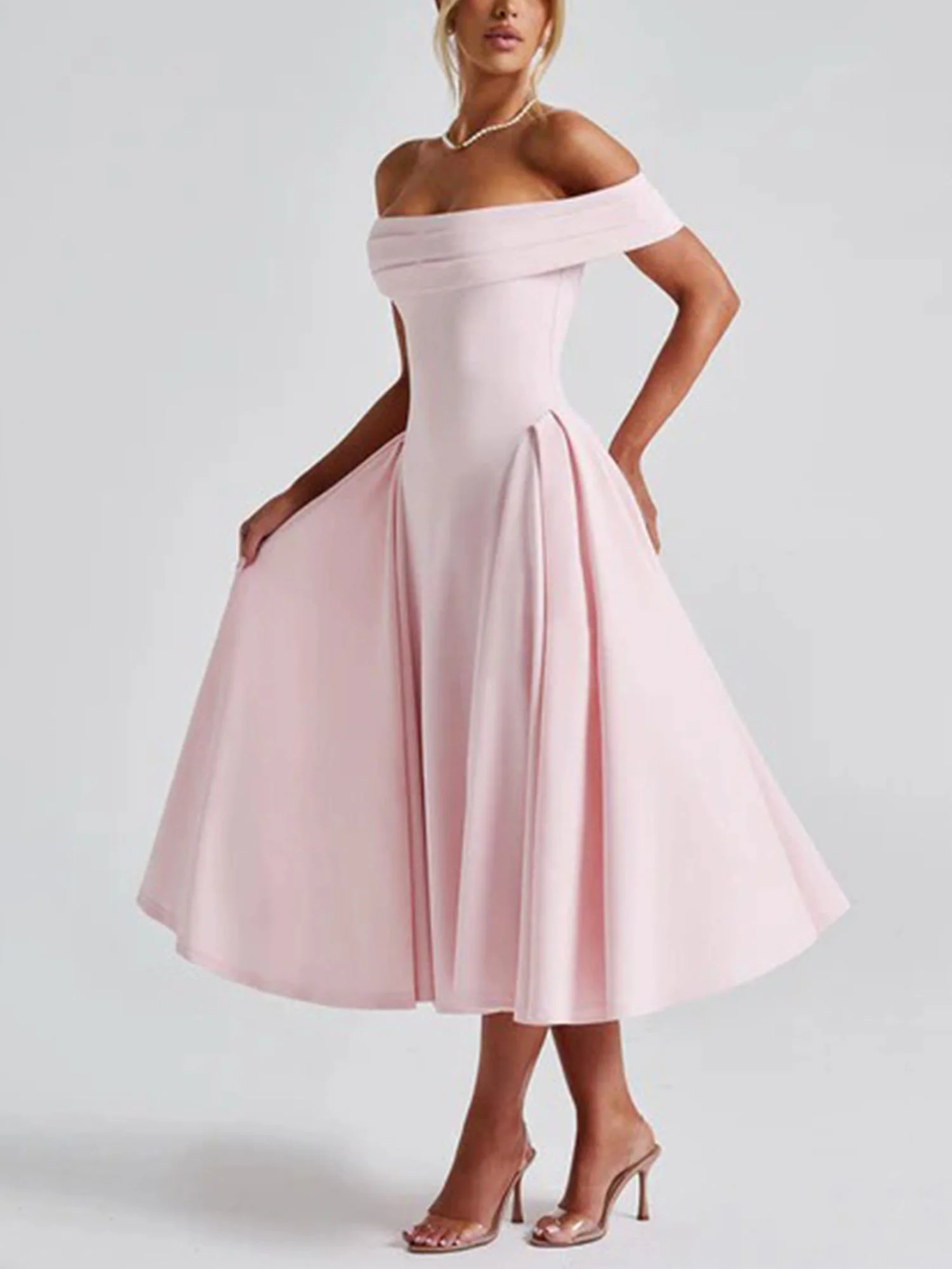 Pink Off-Shoulder Vintage-Inspired Midi Dress