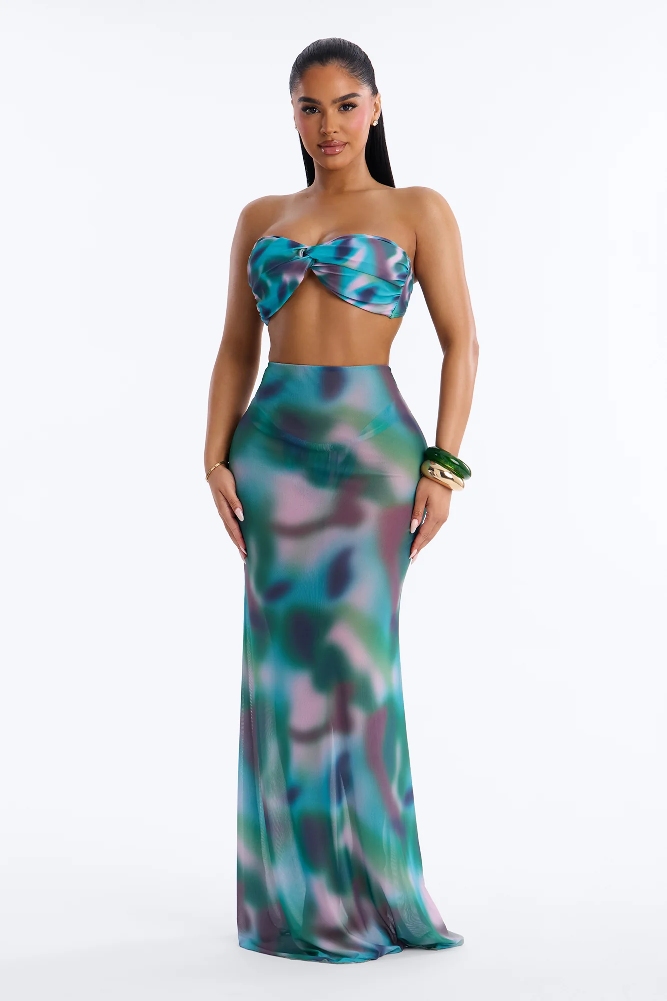 Poolside 2 Piece Bandeau Bikini and Maxi Skirt Set - Green/combo