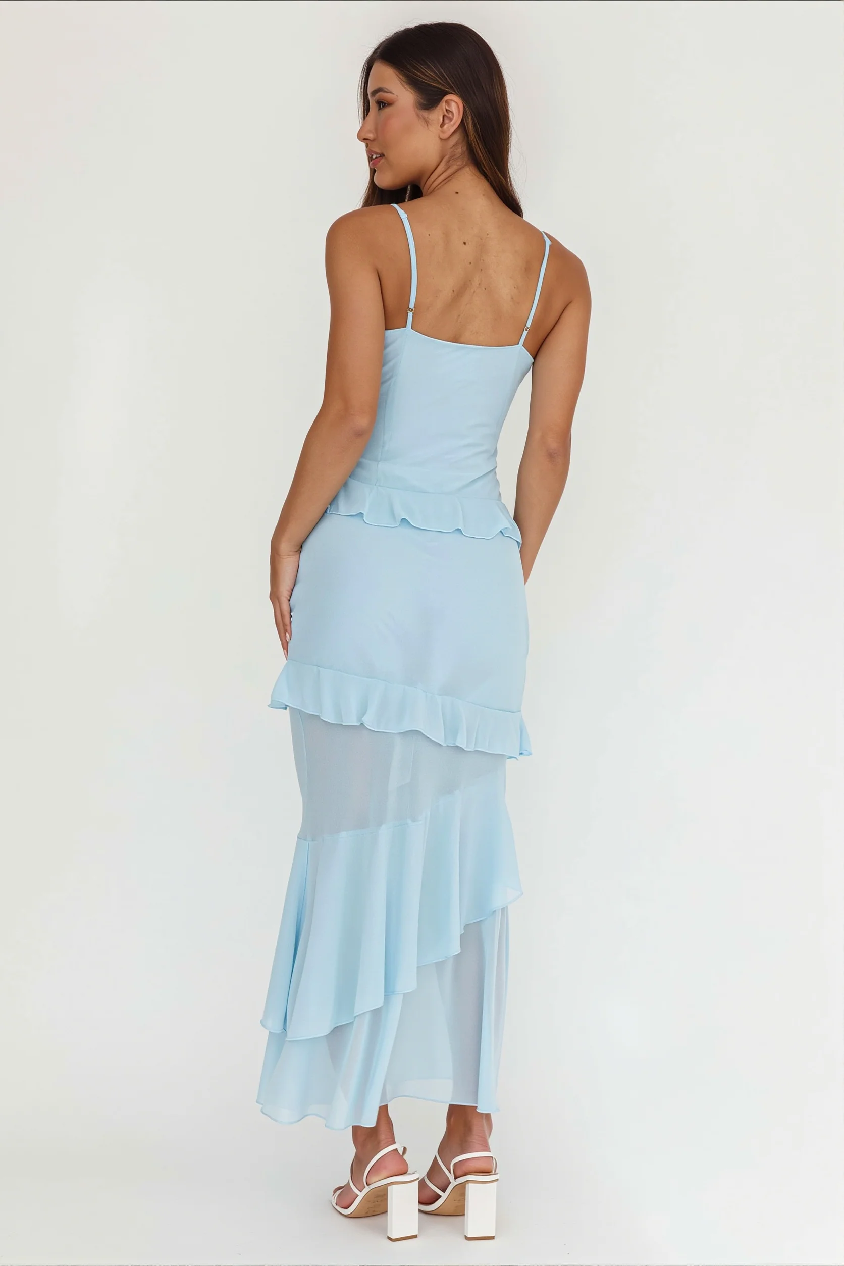 Flowy Solid Ruffle Slim Cami Maxi Dress