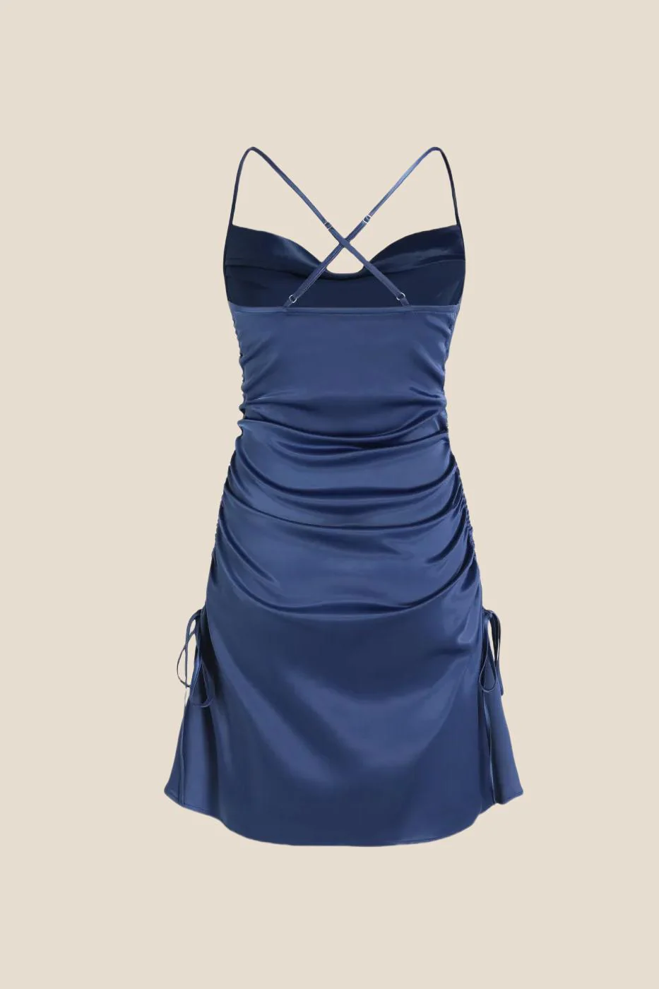 Straps Navy Blue Satin Cowl Neck Slit Short Dress